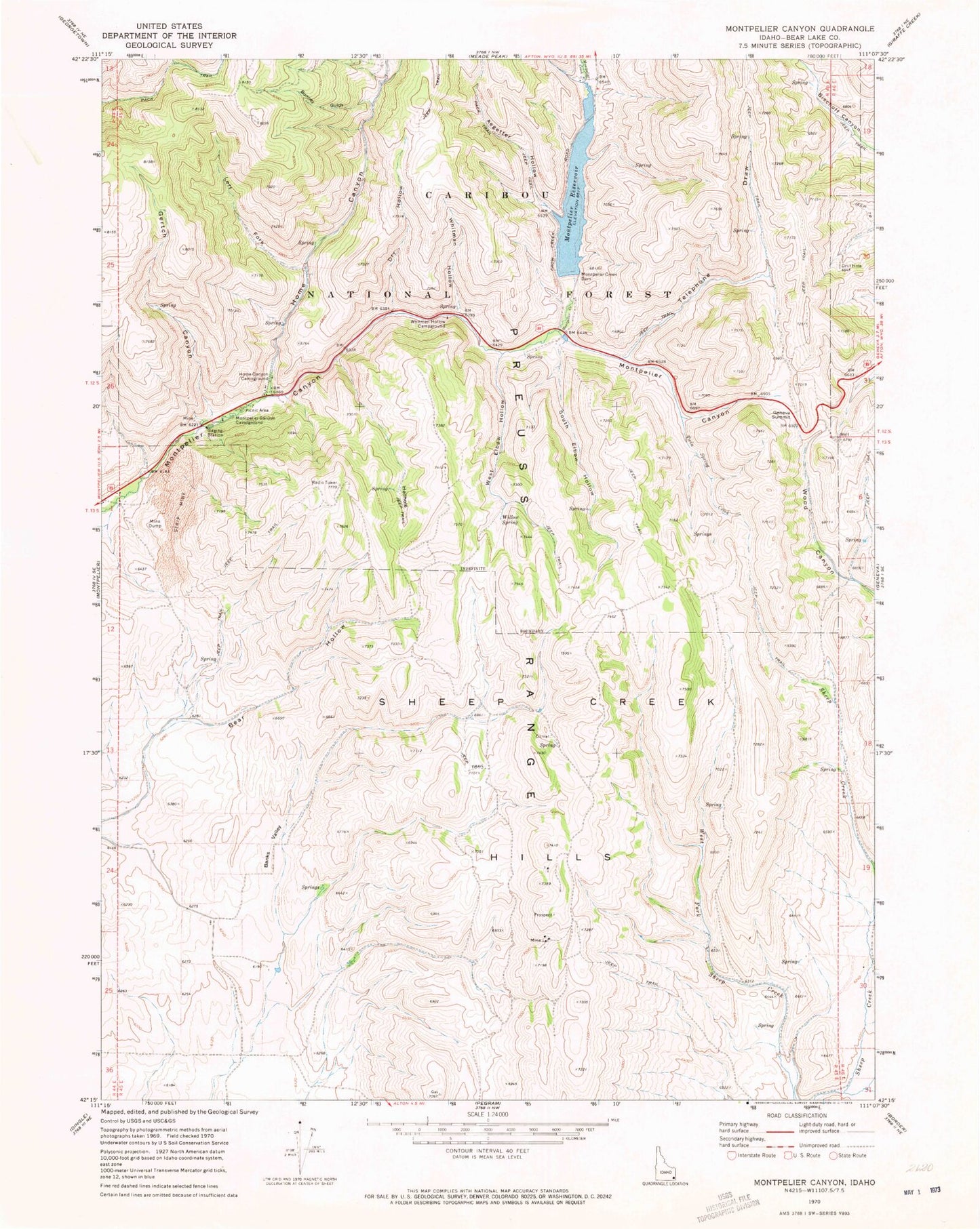 Classic USGS Montpelier Canyon Idaho 7.5'x7.5' Topo Map Image
