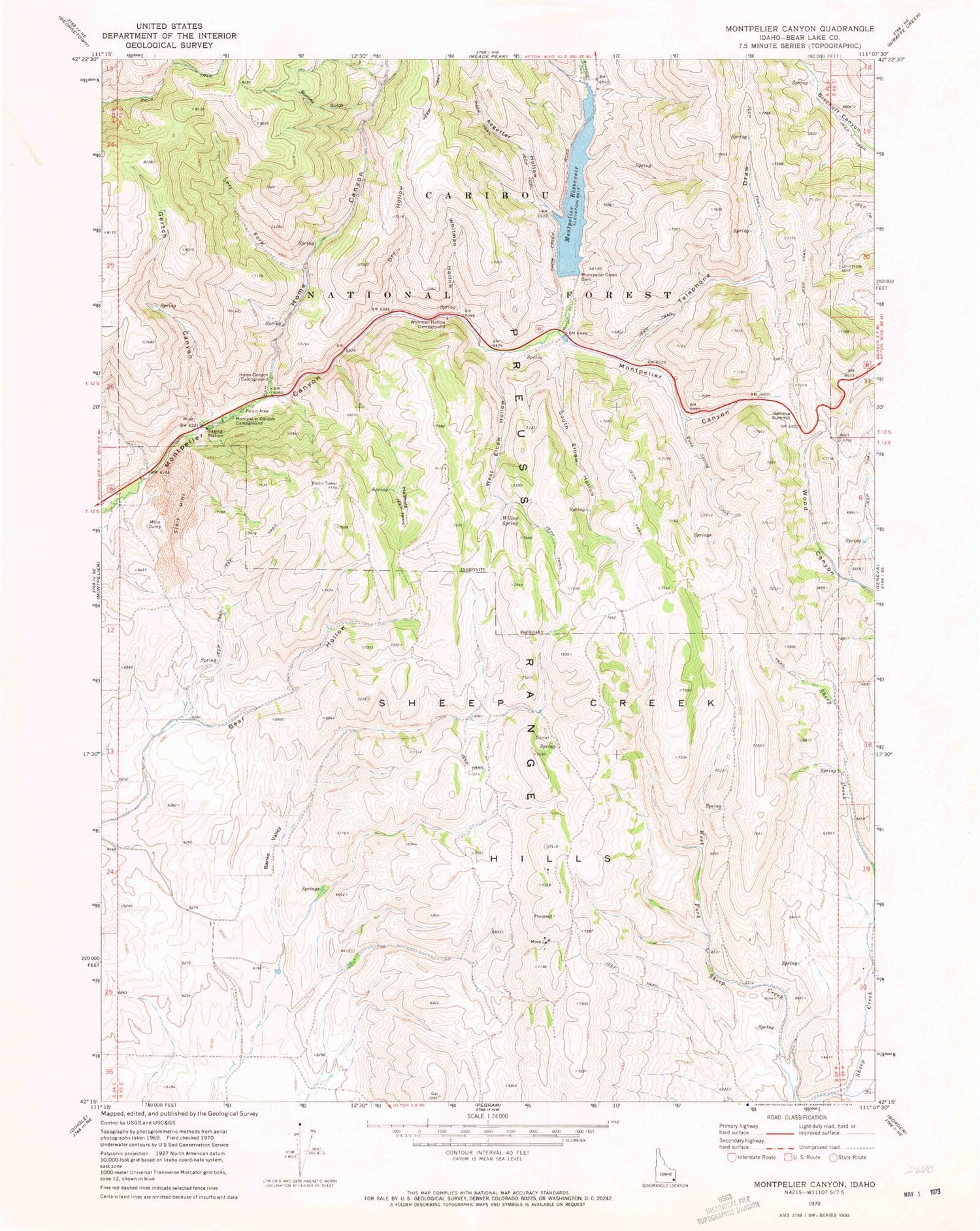 Classic USGS Montpelier Canyon Idaho 7.5'x7.5' Topo Map Image