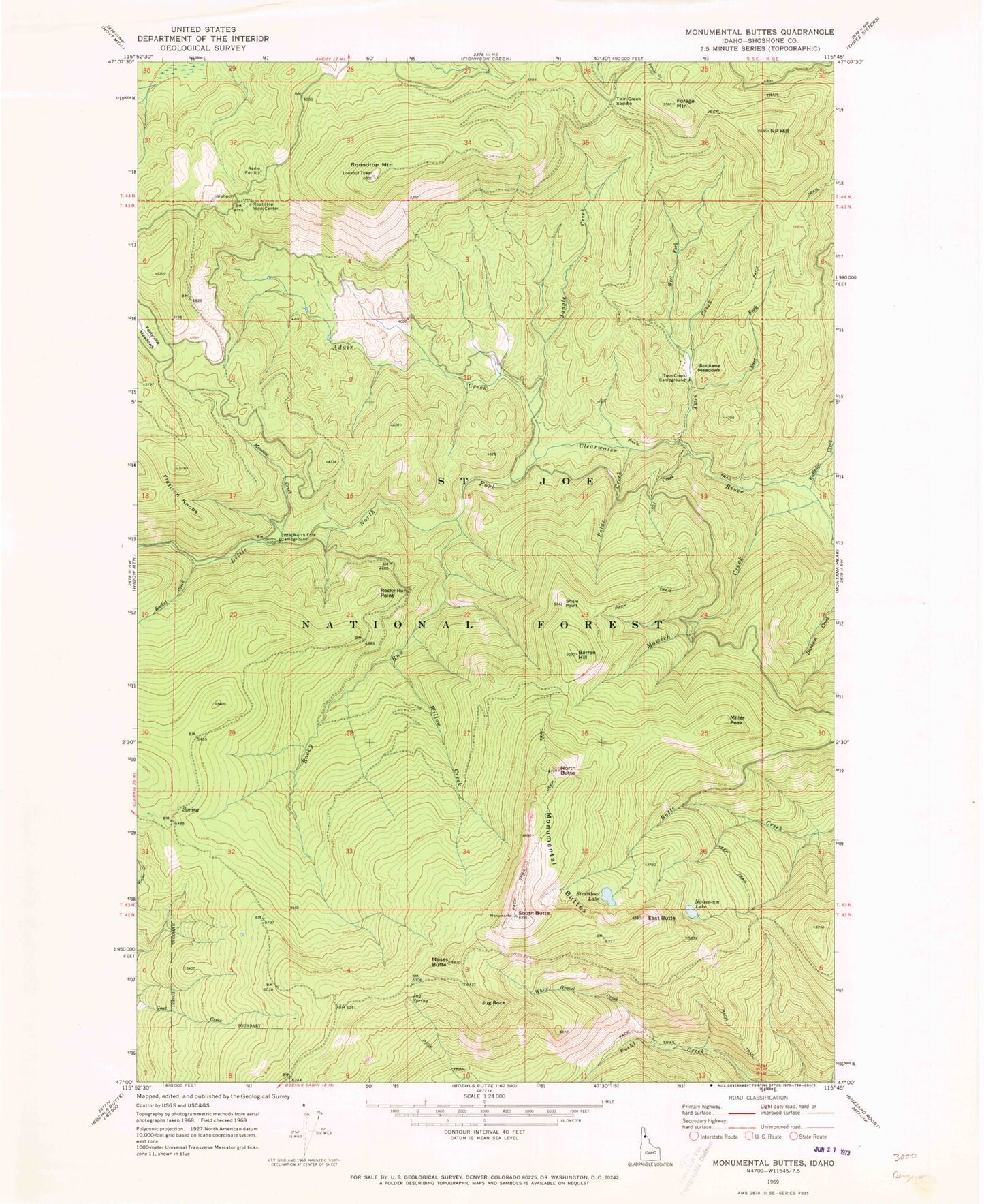 Classic USGS Monumental Buttes Idaho 7.5'x7.5' Topo Map Image
