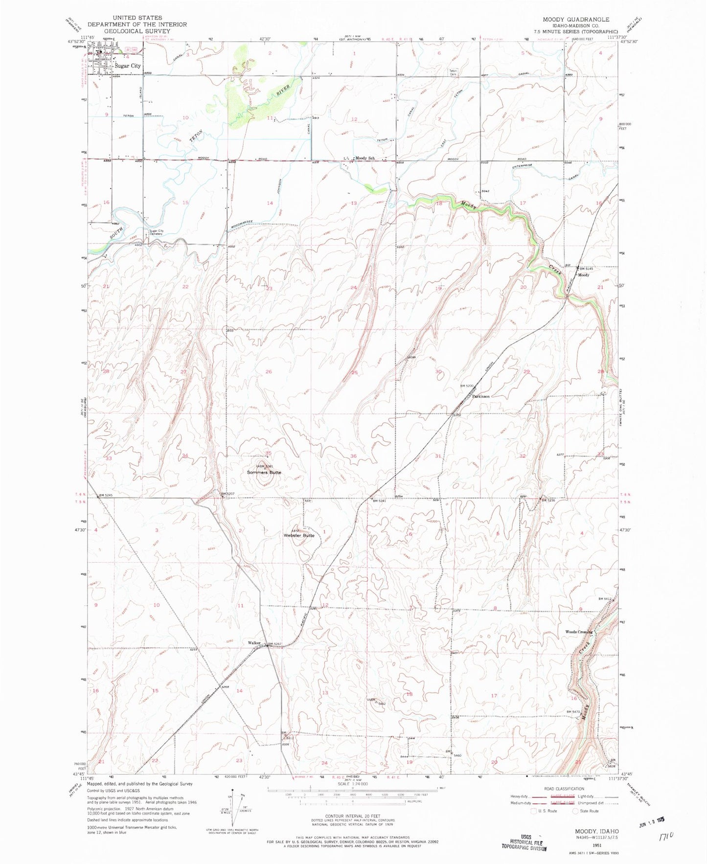 Classic USGS Moody Idaho 7.5'x7.5' Topo Map Image