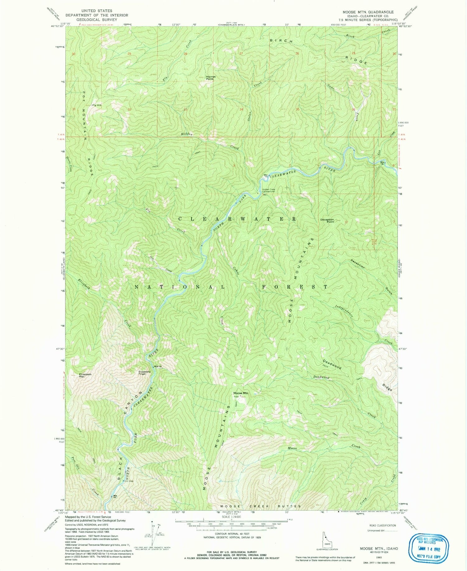 Classic USGS Moose Mountain Idaho 7.5'x7.5' Topo Map Image