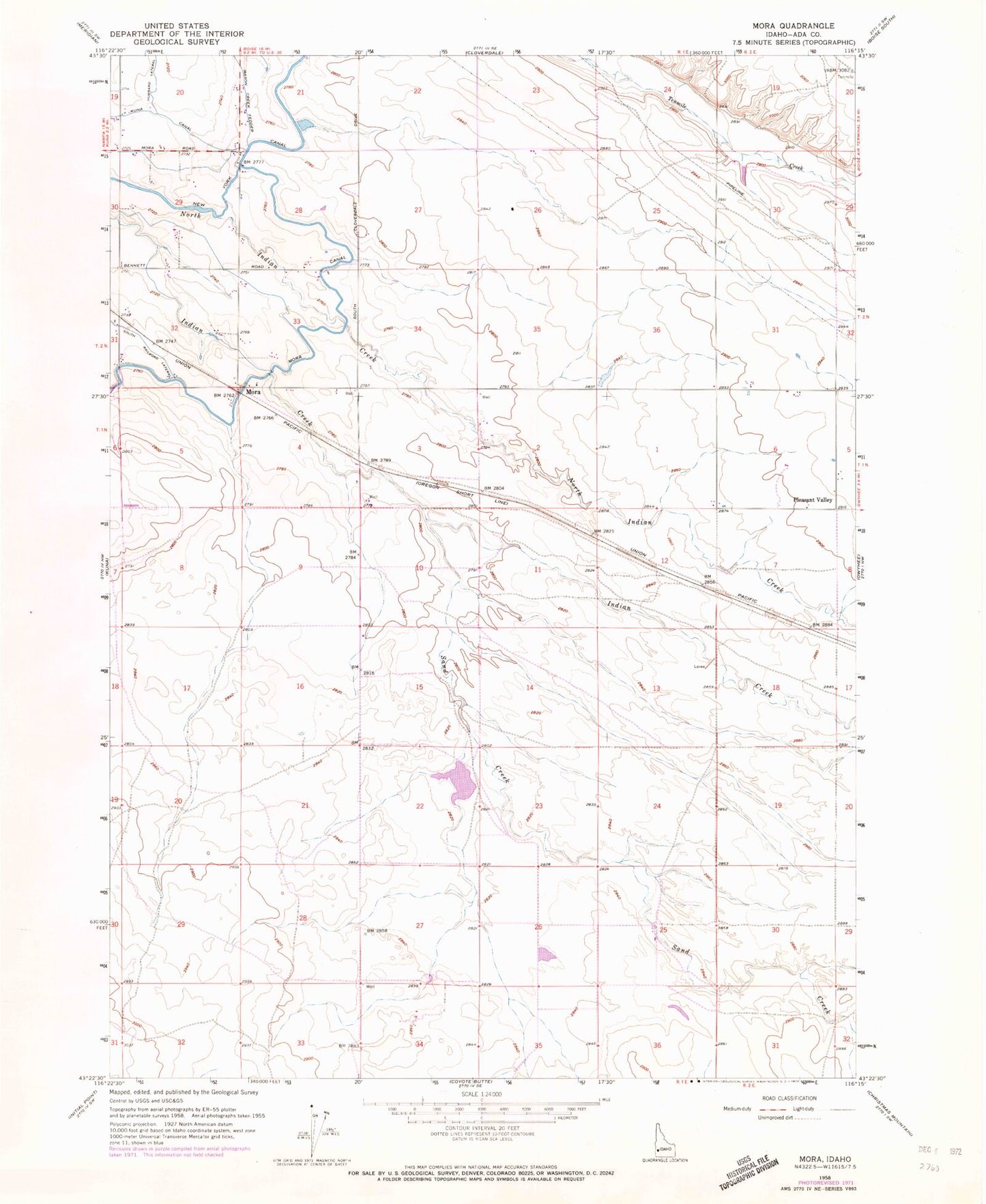 Classic USGS Mora Idaho 7.5'x7.5' Topo Map Image