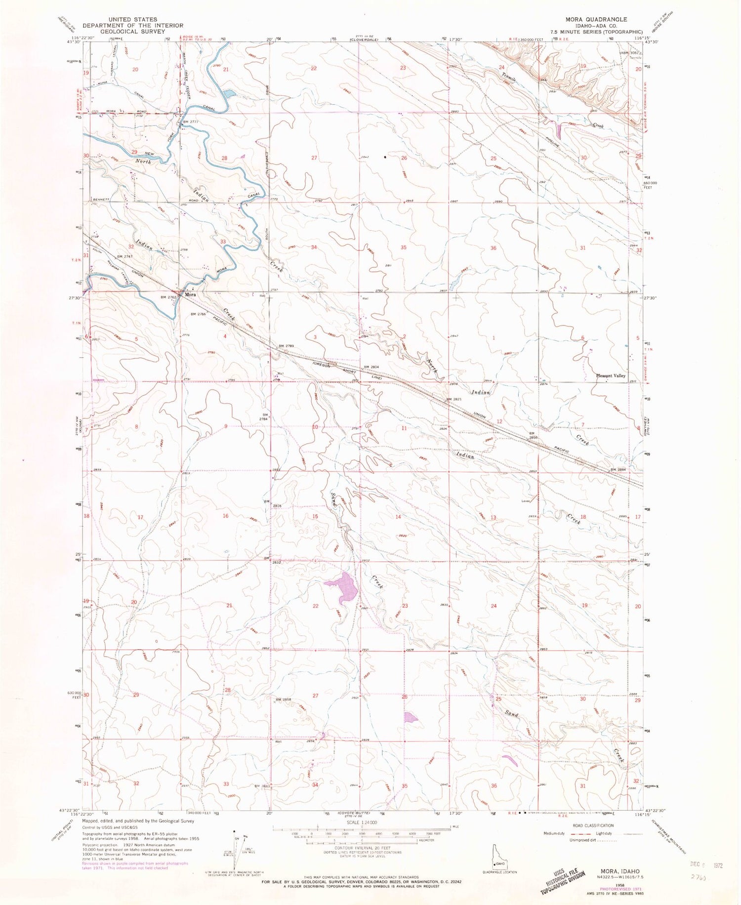 Classic USGS Mora Idaho 7.5'x7.5' Topo Map Image