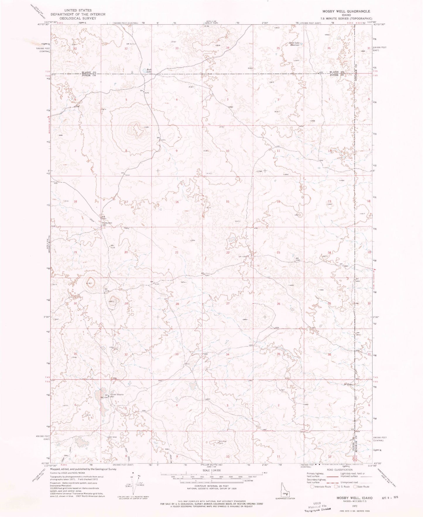 Classic USGS Mosby Well Idaho 7.5'x7.5' Topo Map Image