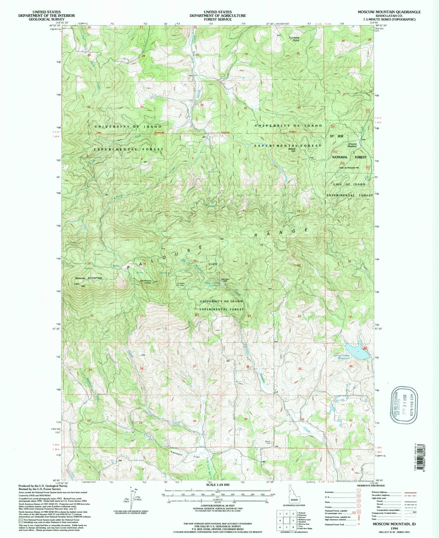 Classic USGS Moscow Mountain Idaho 7.5'x7.5' Topo Map Image