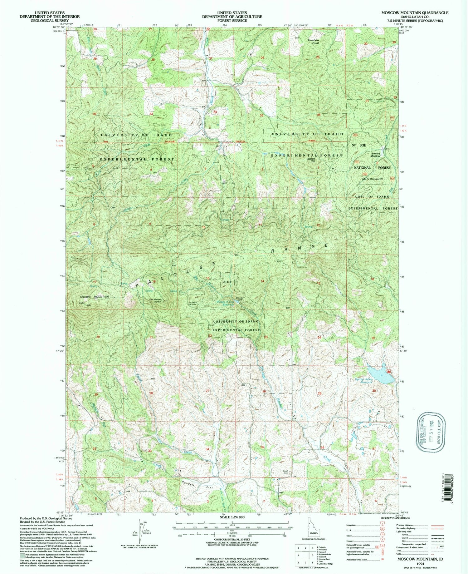 Classic USGS Moscow Mountain Idaho 7.5'x7.5' Topo Map Image