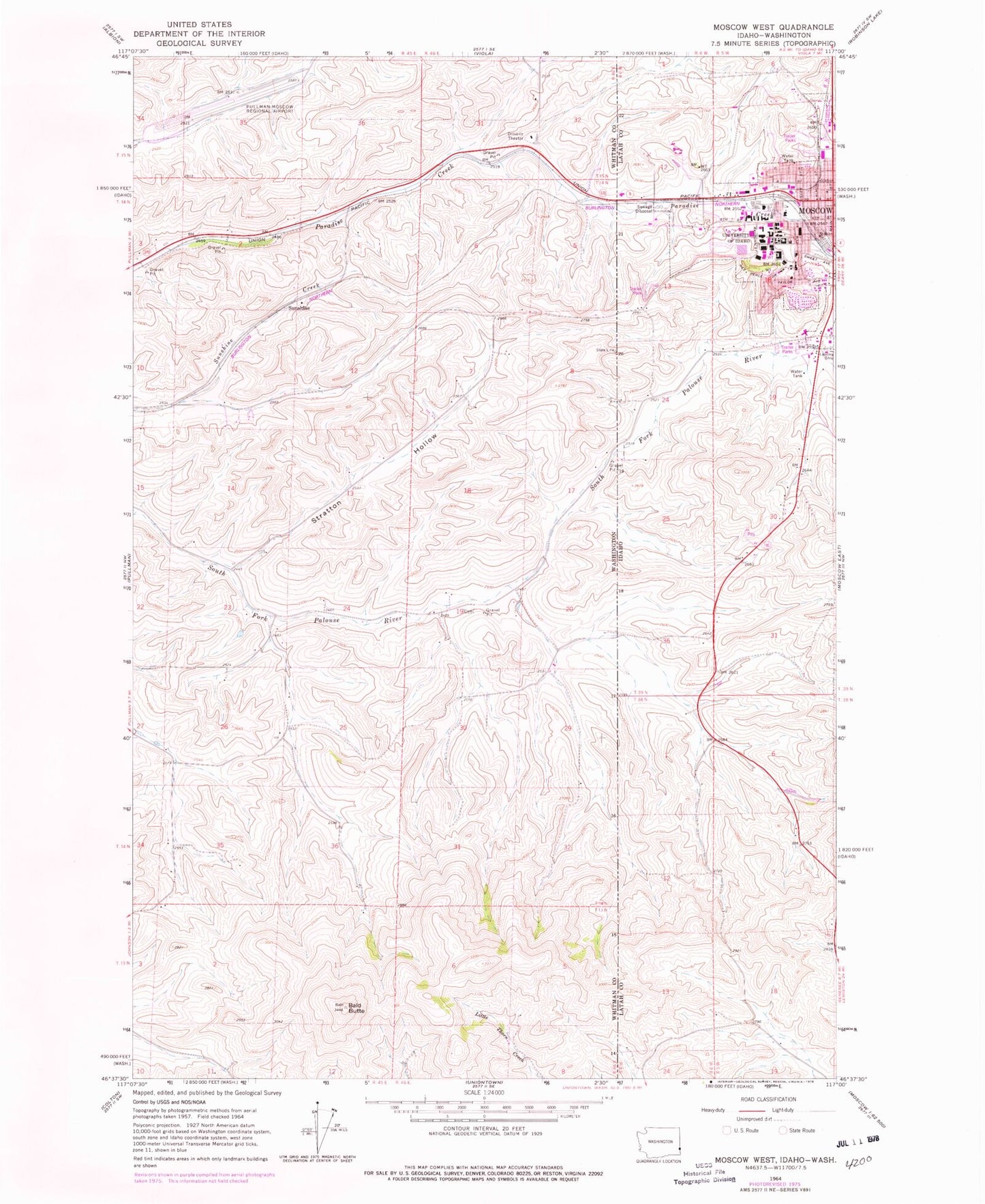 Classic USGS Moscow West Idaho 7.5'x7.5' Topo Map Image