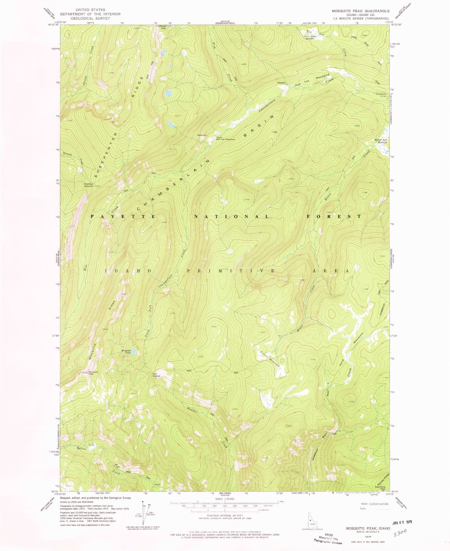 Classic USGS Mosquito Peak Idaho 7.5'x7.5' Topo Map Image