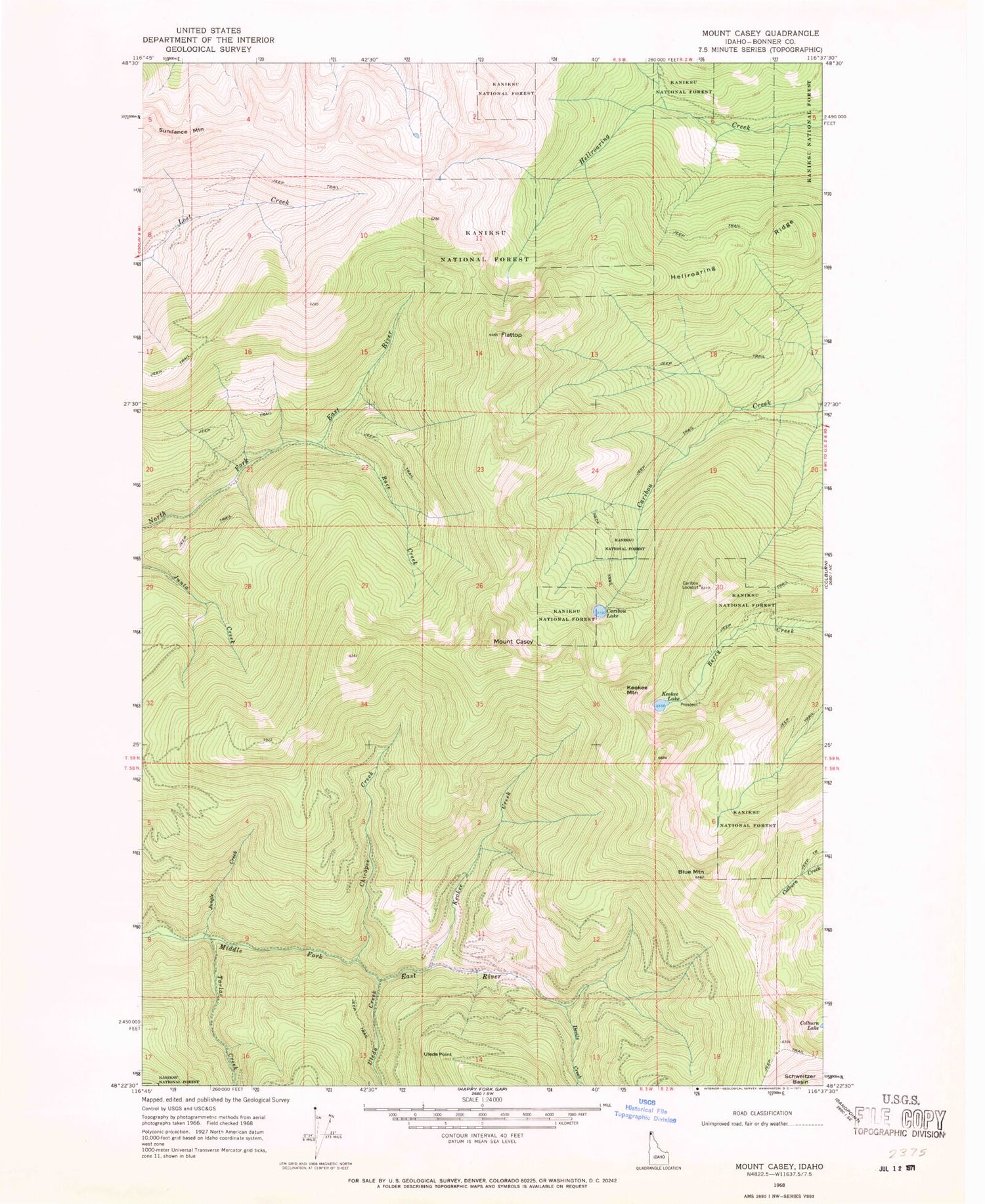 Classic USGS Mount Casey Idaho 7.5'x7.5' Topo Map Image