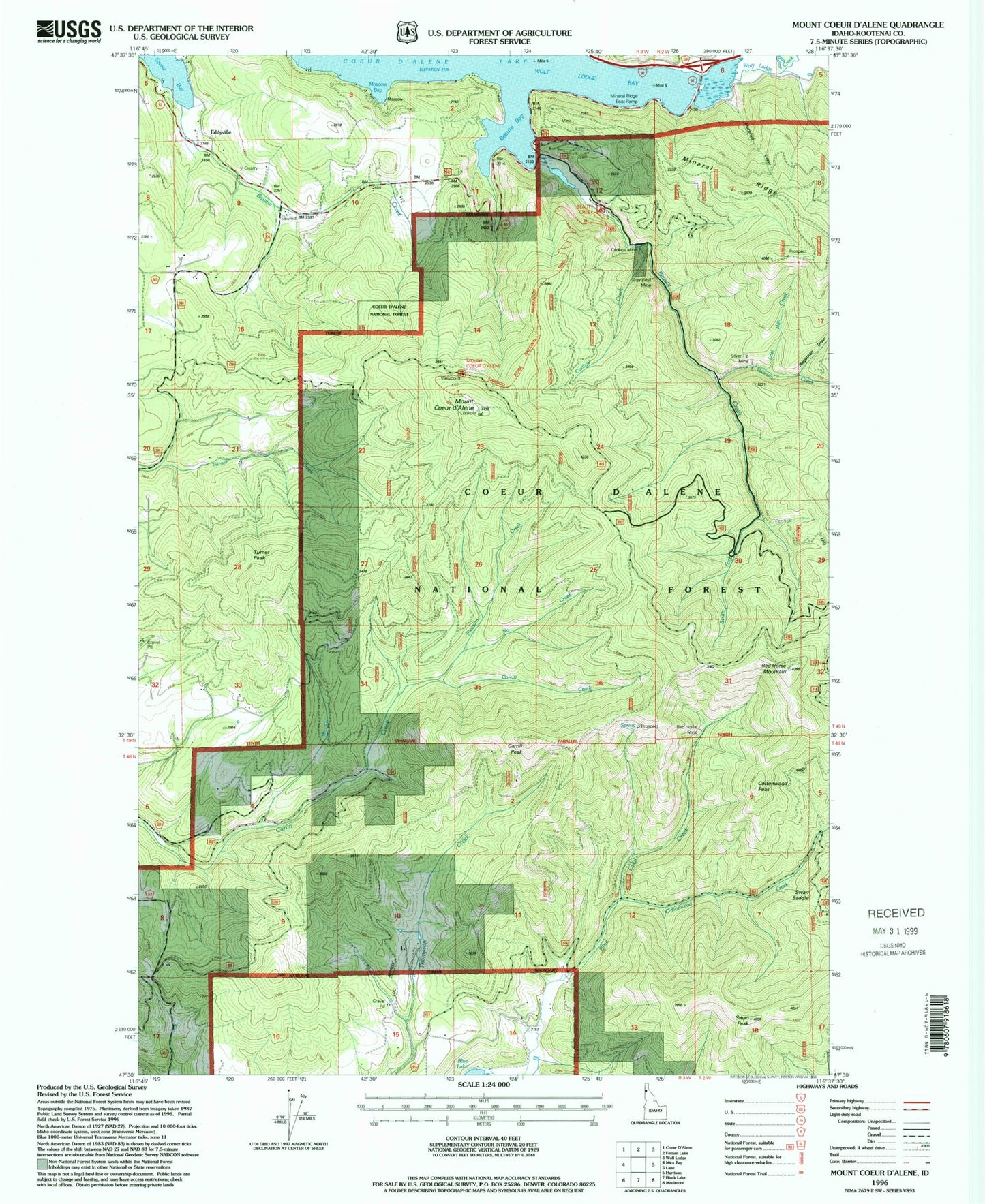 Classic USGS Mount Coeur D'Alene Idaho 7.5'x7.5' Topo Map Image