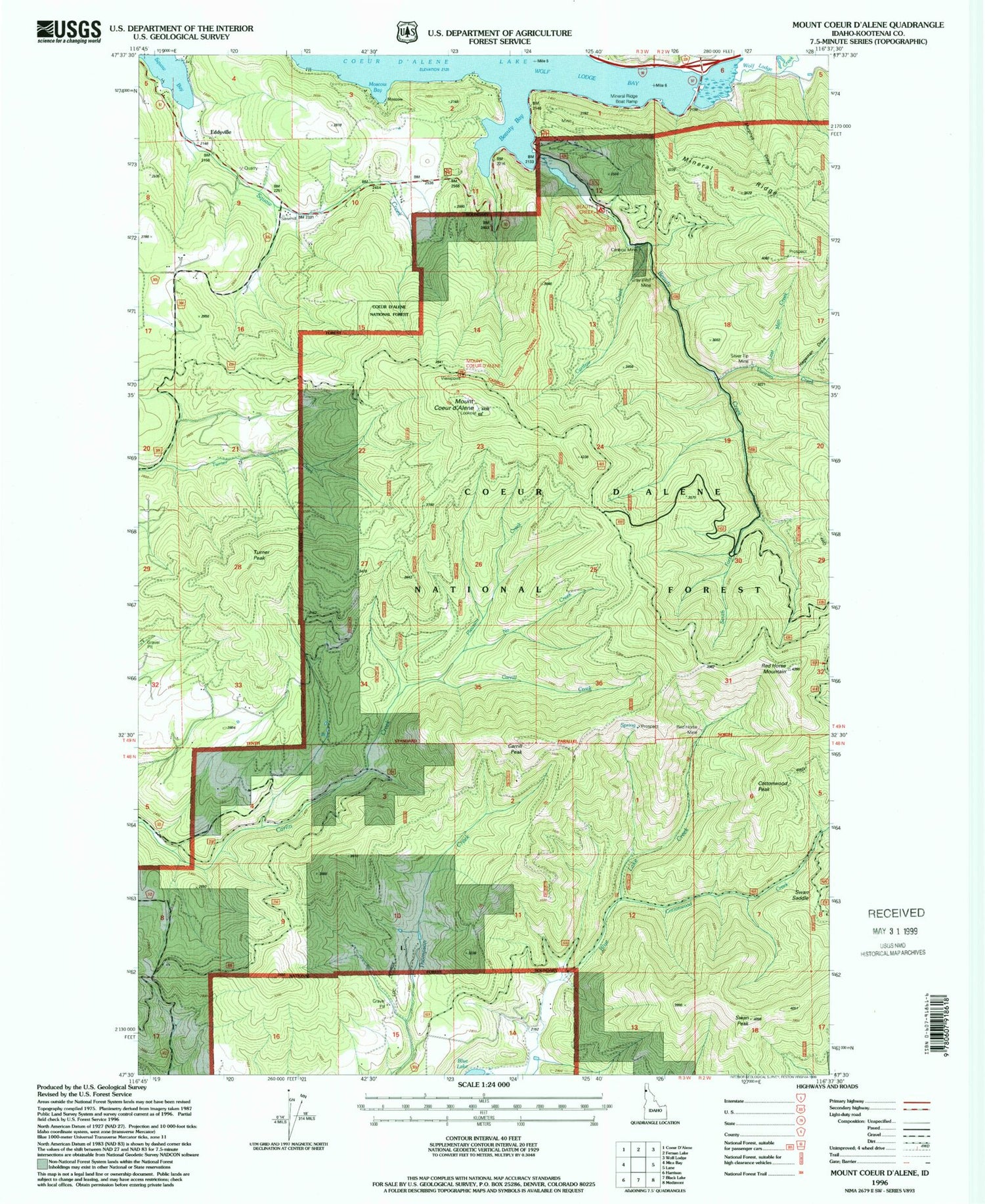 Classic USGS Mount Coeur D'Alene Idaho 7.5'x7.5' Topo Map Image
