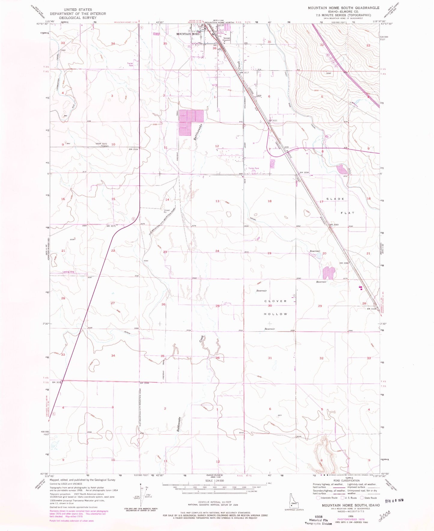Classic USGS Mountain Home South Idaho 7.5'x7.5' Topo Map Image