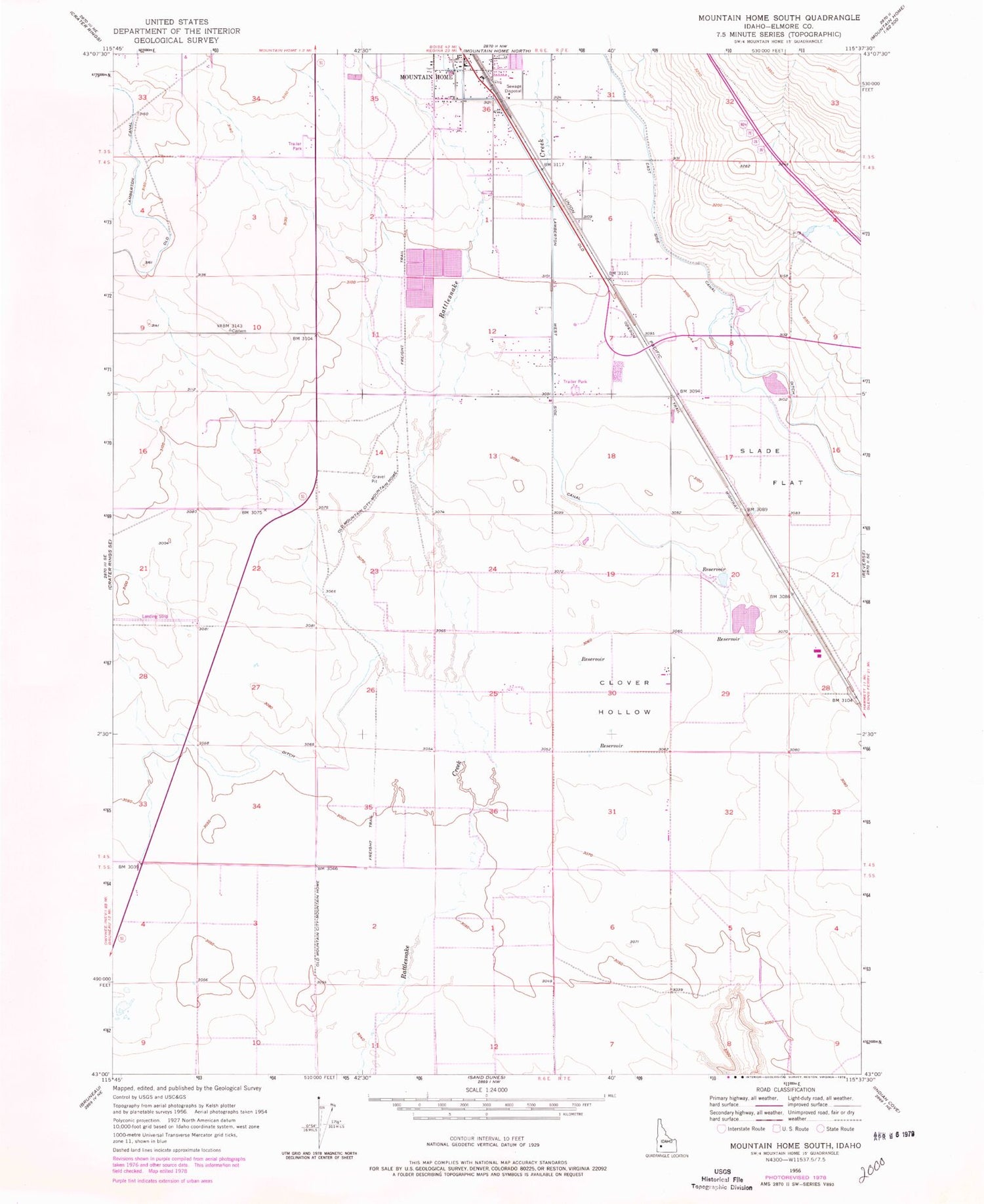 Classic USGS Mountain Home South Idaho 7.5'x7.5' Topo Map Image