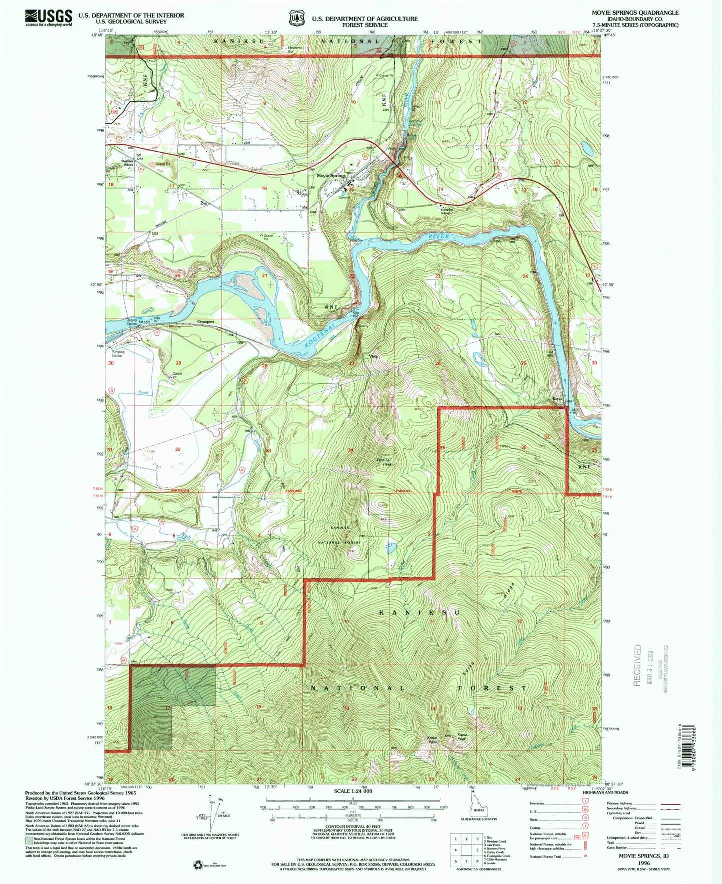 Classic USGS Moyie Springs Idaho 7.5'x7.5' Topo Map Image