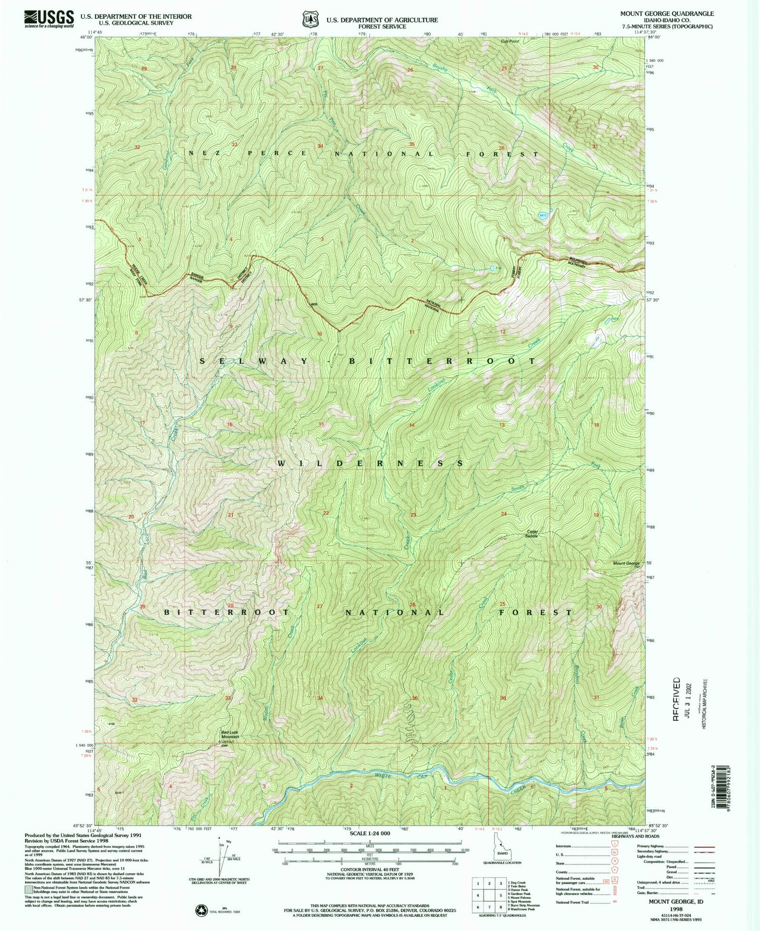 Classic USGS Mount George Idaho 7.5'x7.5' Topo Map Image