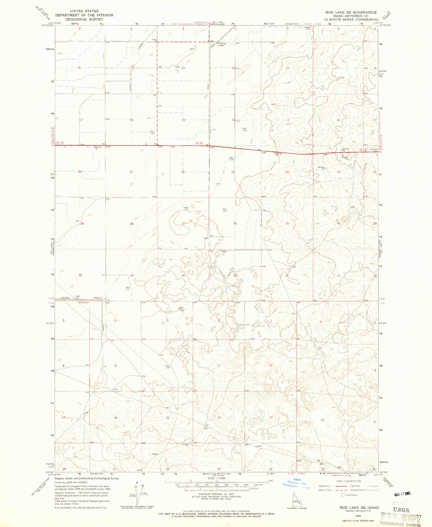 Classic USGS Mud Lake SE Idaho 7.5'x7.5' Topo Map Image