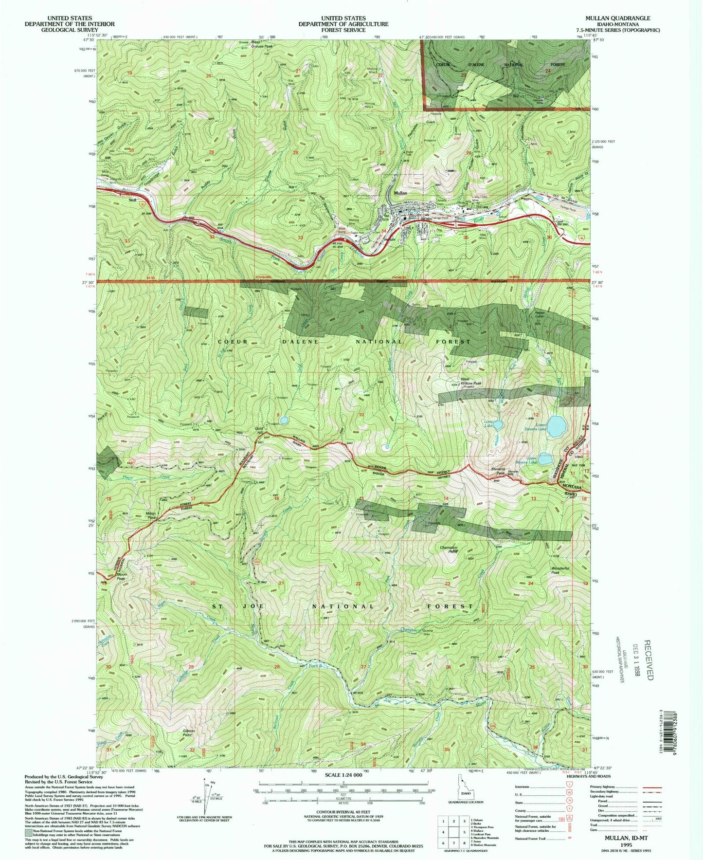 Classic USGS Mullan Idaho 7.5'x7.5' Topo Map Image