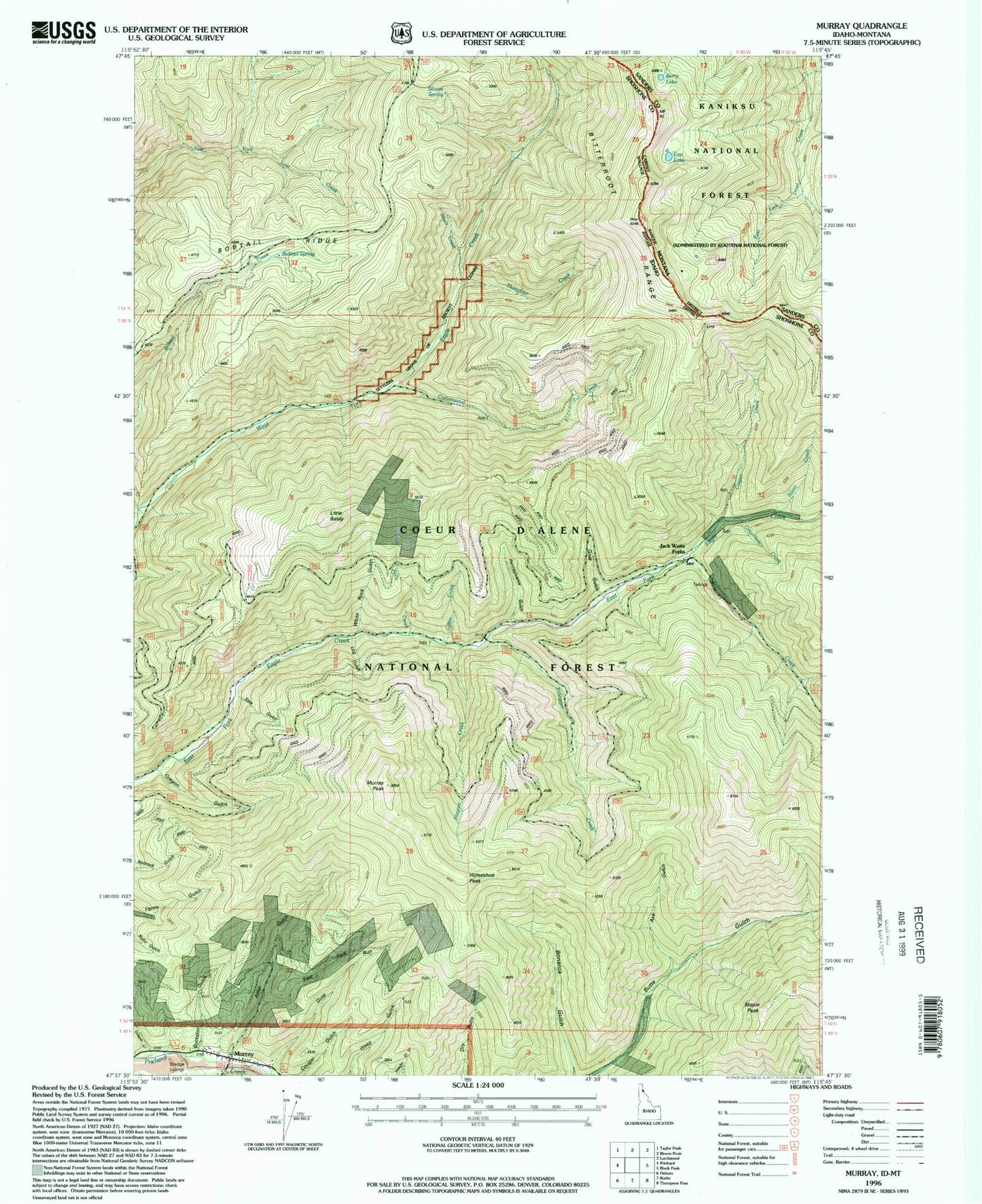 Classic USGS Murray Idaho 7.5'x7.5' Topo Map Image
