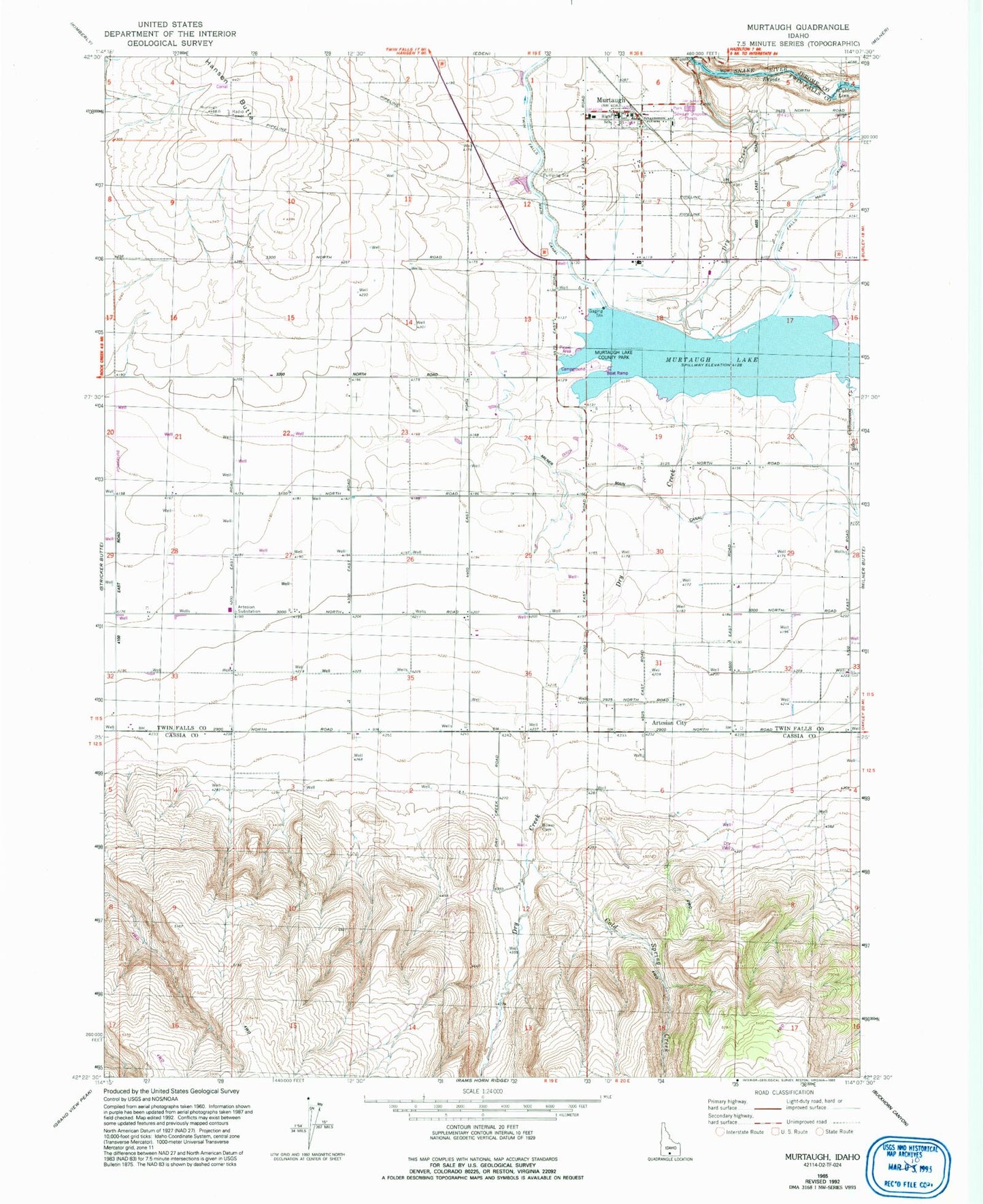 Classic USGS Murtaugh Idaho 7.5'x7.5' Topo Map Image