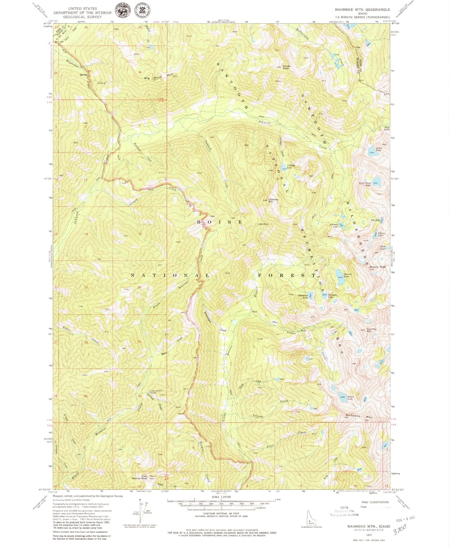 Classic USGS Nahneke Mountain Idaho 7.5'x7.5' Topo Map Image