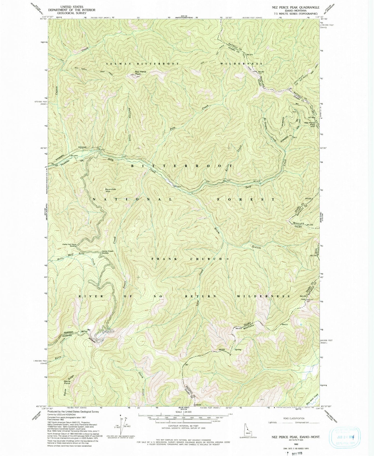 Classic USGS Nez Perce Peak Idaho 7.5'x7.5' Topo Map Image