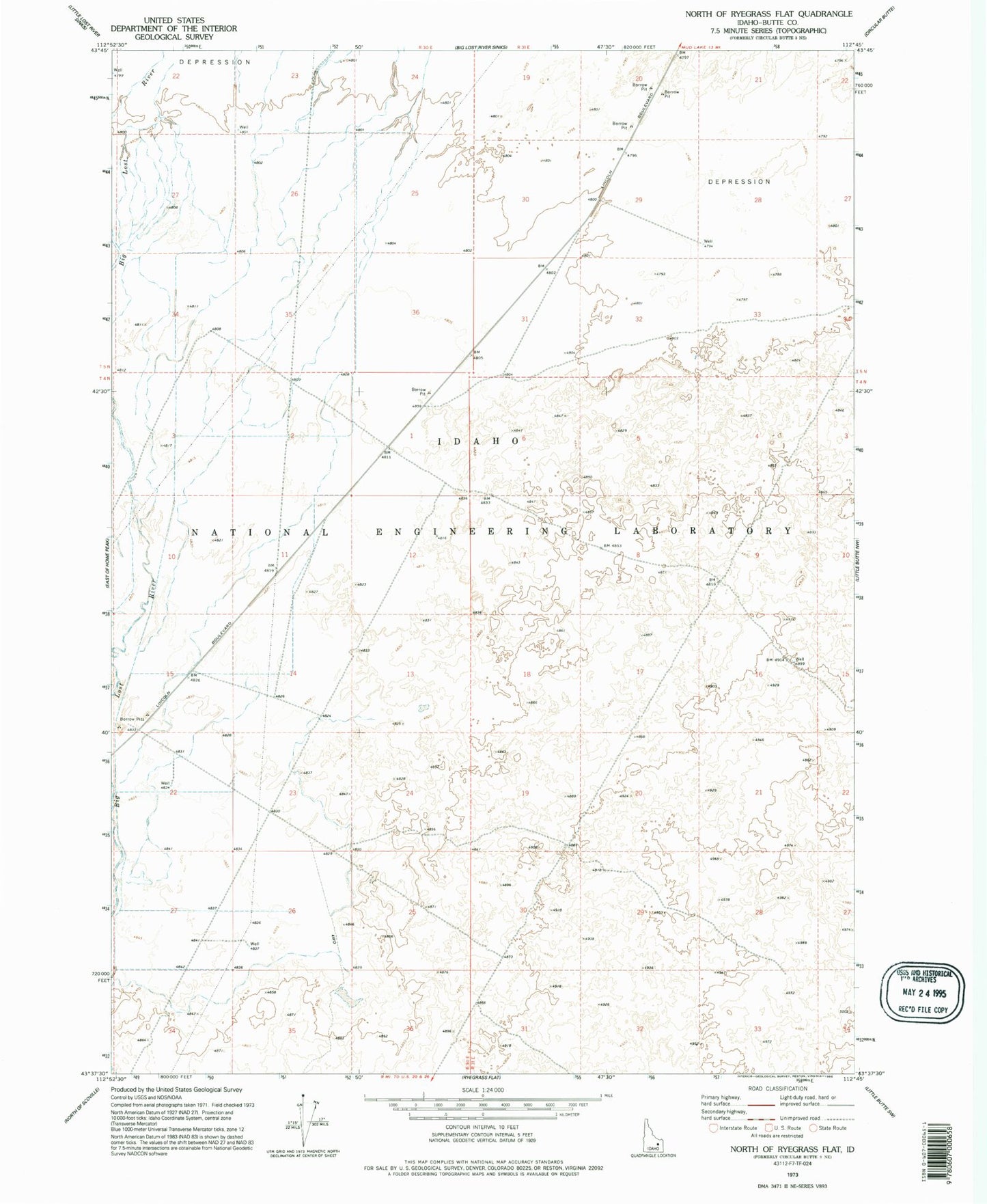 Classic USGS North of Ryegrass Flat Idaho 7.5'x7.5' Topo Map Image