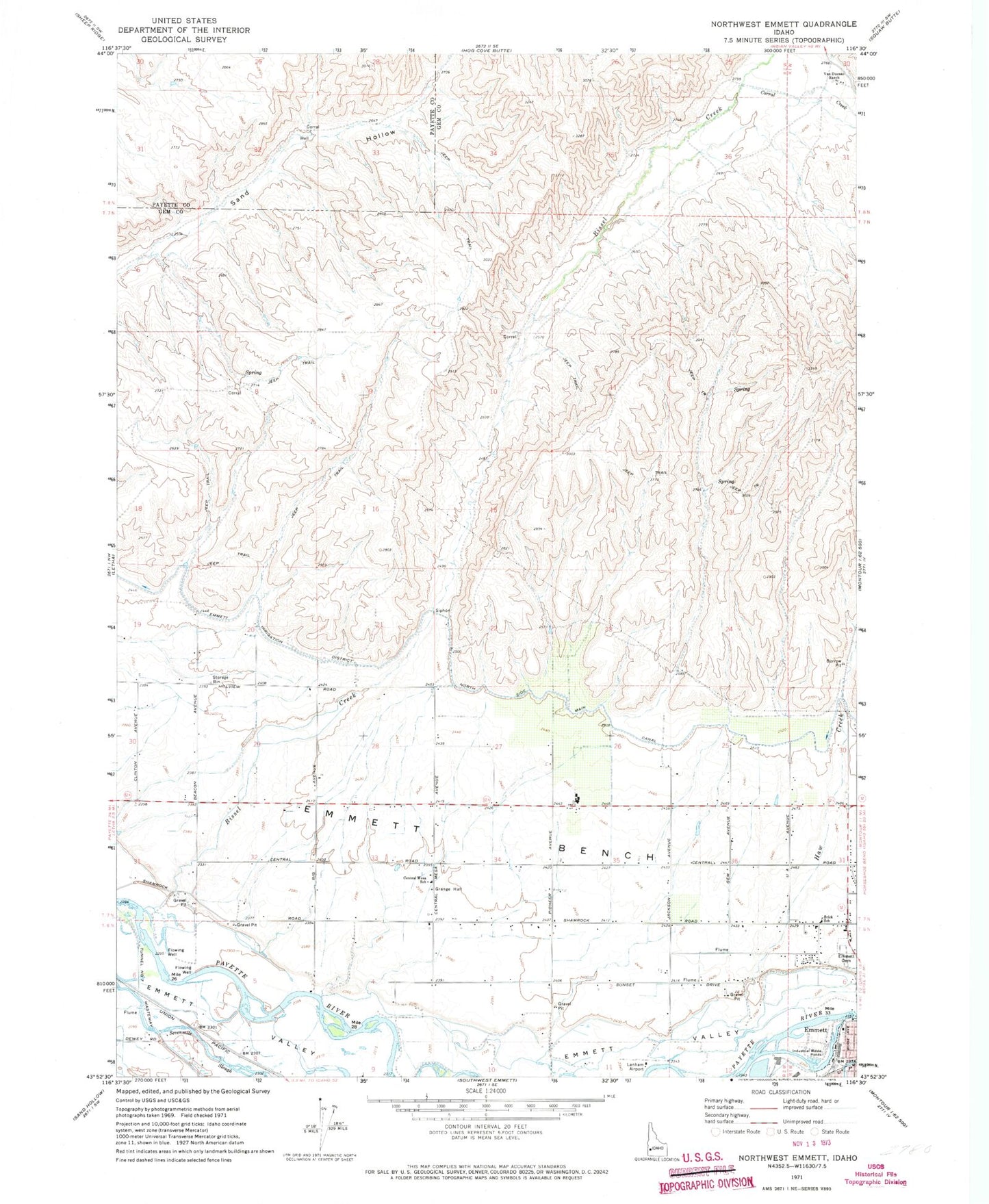 Classic USGS Northwest Emmett Idaho 7.5'x7.5' Topo Map Image