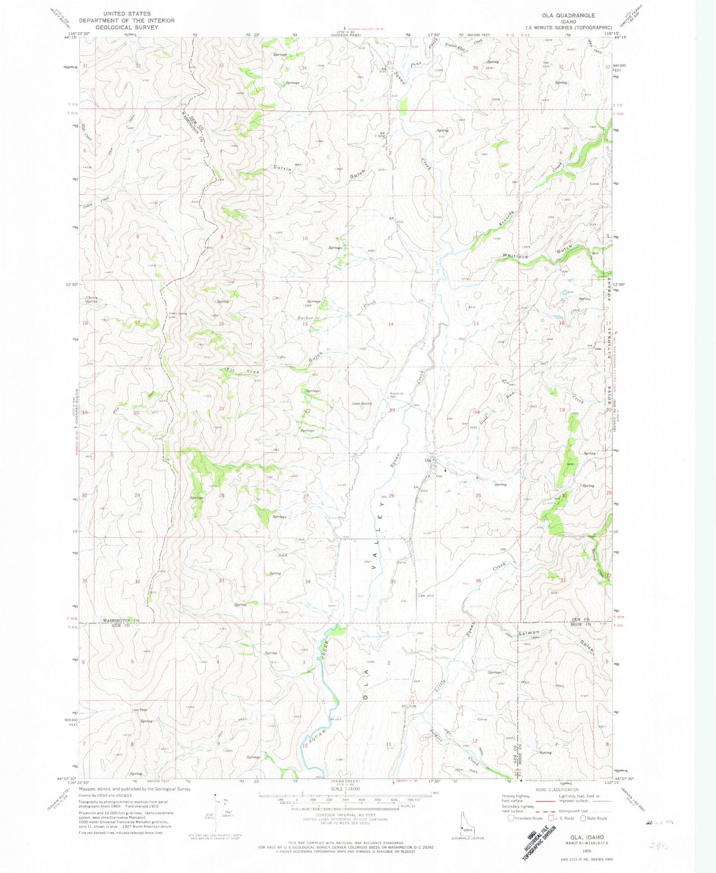 Classic USGS Ola Idaho 7.5'x7.5' Topo Map Image