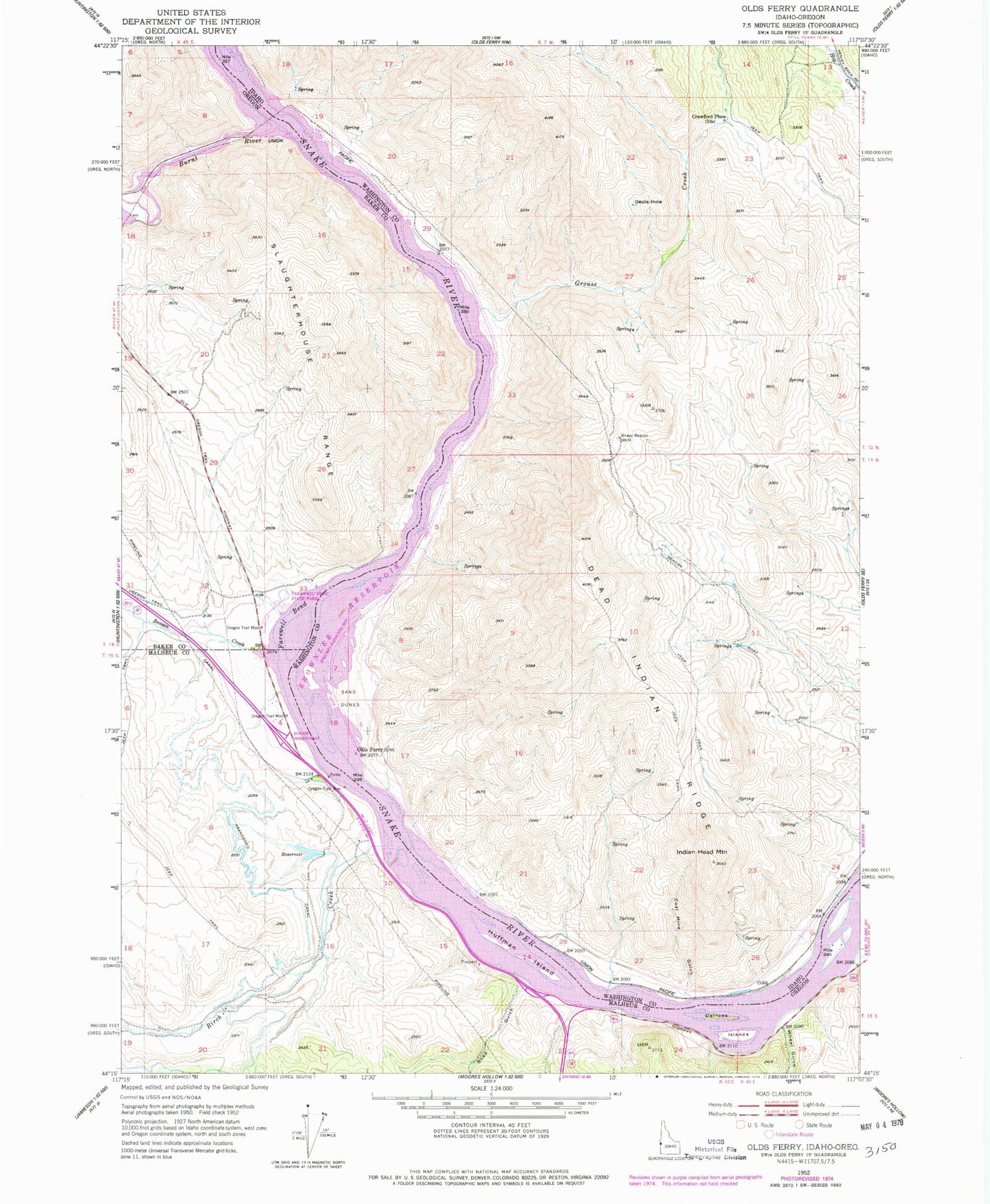 Classic USGS Olds Ferry Idaho 7.5'x7.5' Topo Map Image