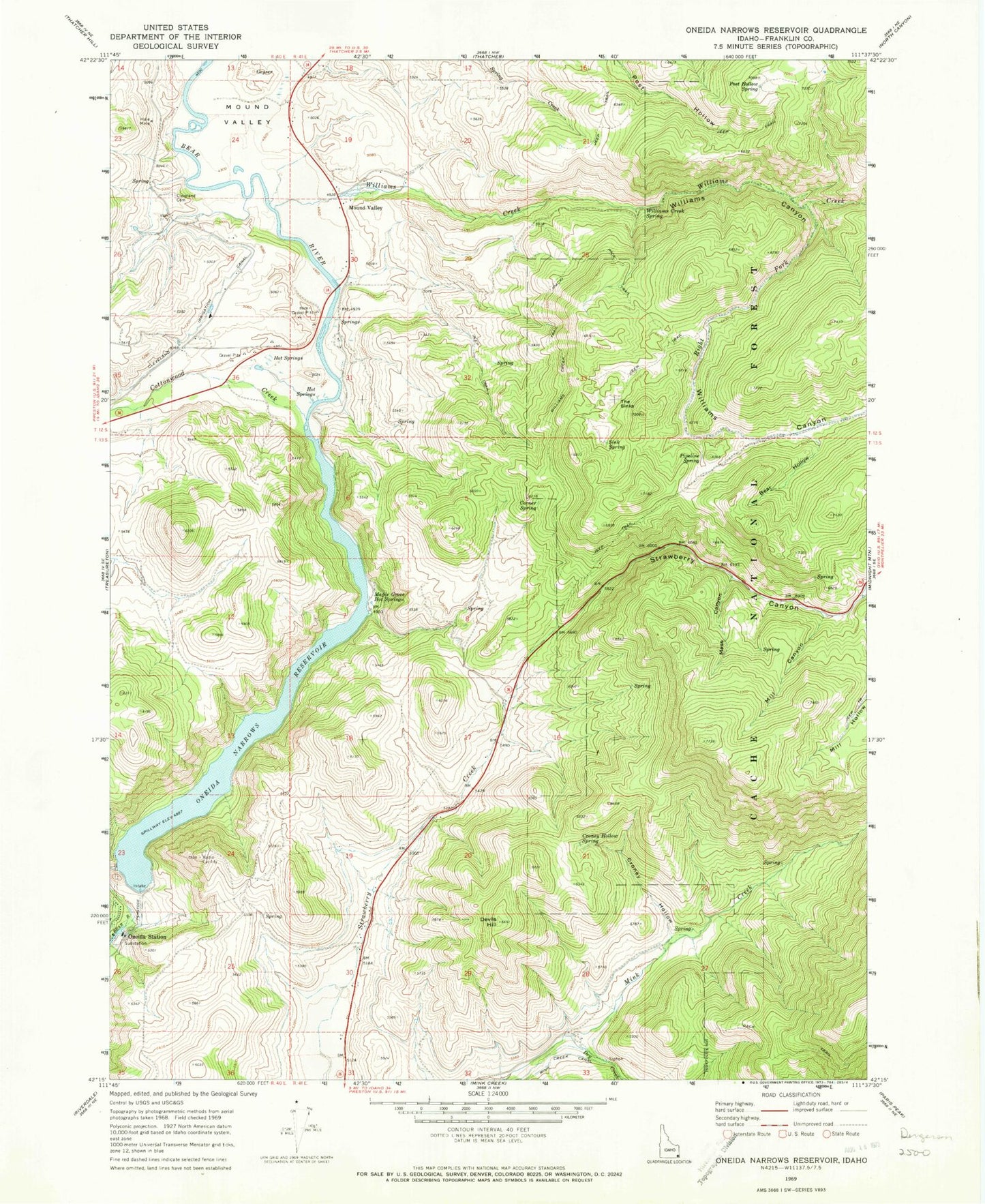Classic USGS Oneida Narrows Reservoir Idaho 7.5'x7.5' Topo Map Image