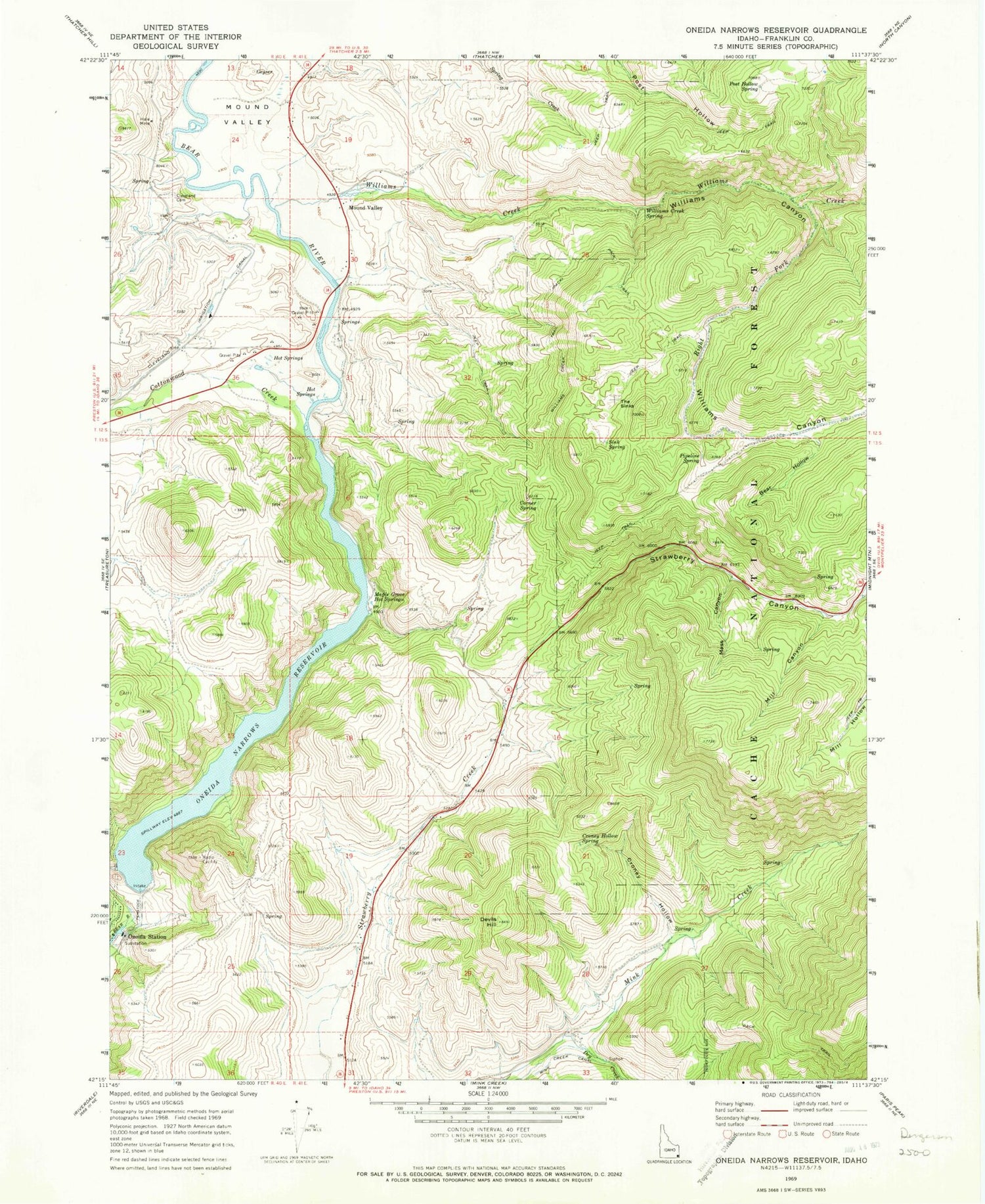 Classic USGS Oneida Narrows Reservoir Idaho 7.5'x7.5' Topo Map Image