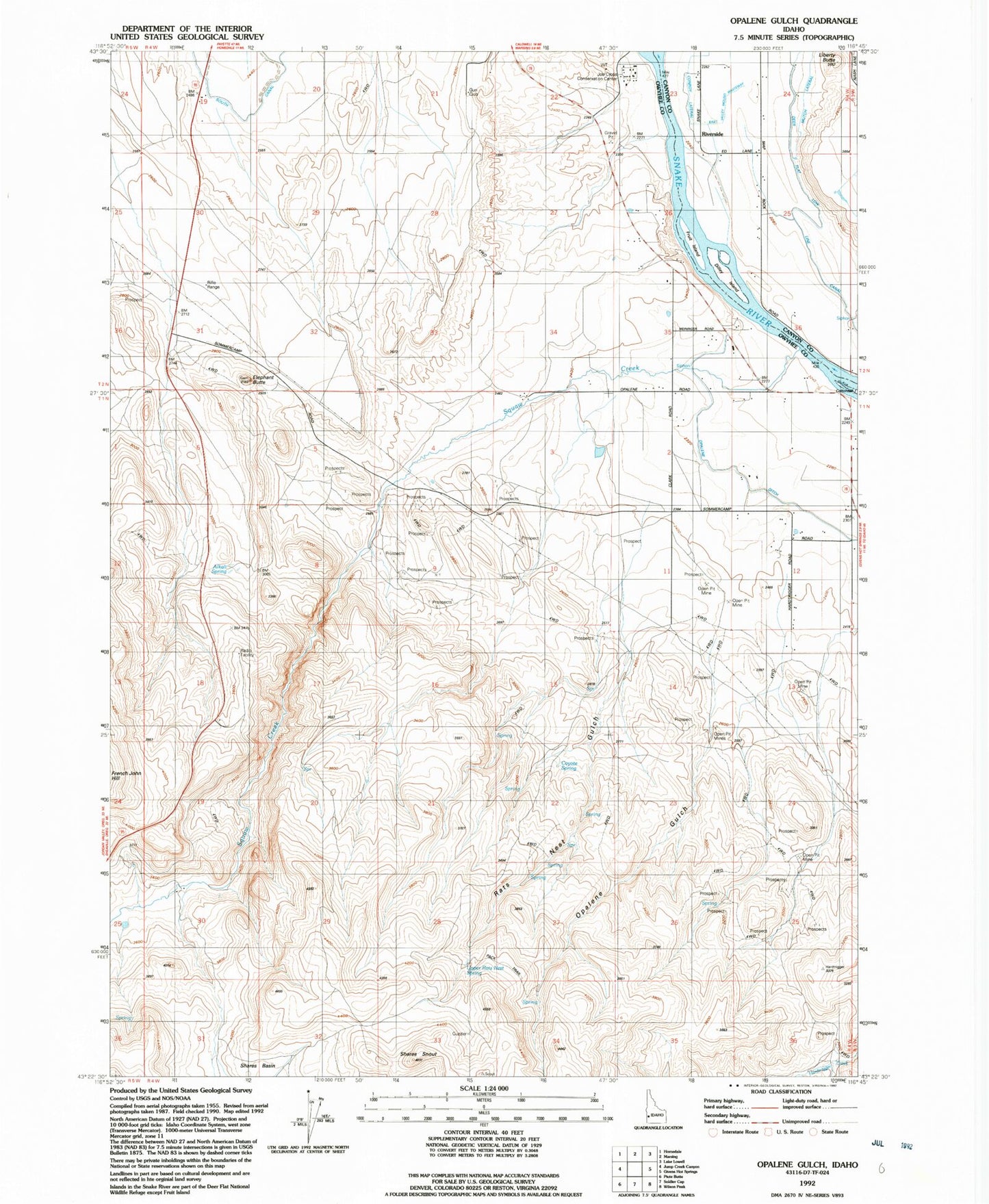Classic USGS Opalene Gulch Idaho 7.5'x7.5' Topo Map Image