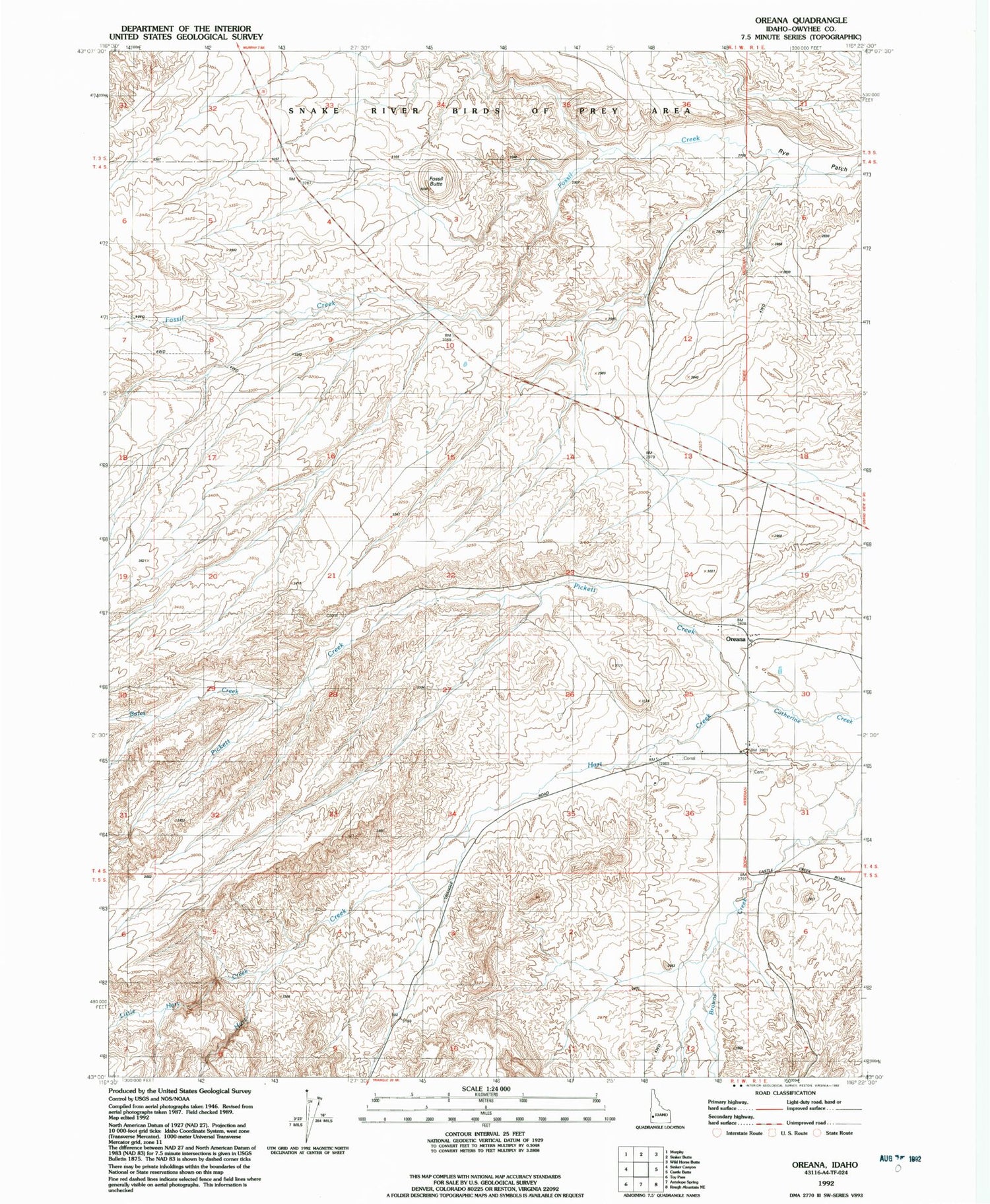 Classic USGS Oreana Idaho 7.5'x7.5' Topo Map Image