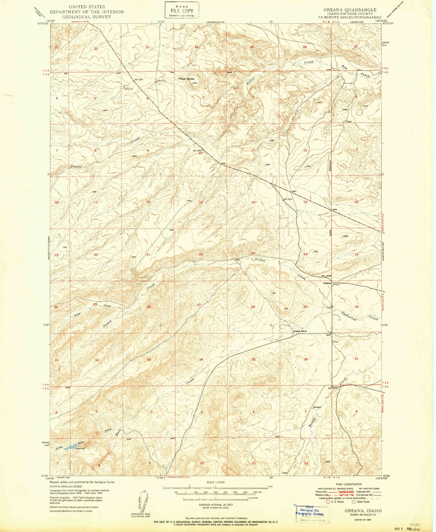 Classic USGS Oreana Idaho 7.5'x7.5' Topo Map Image