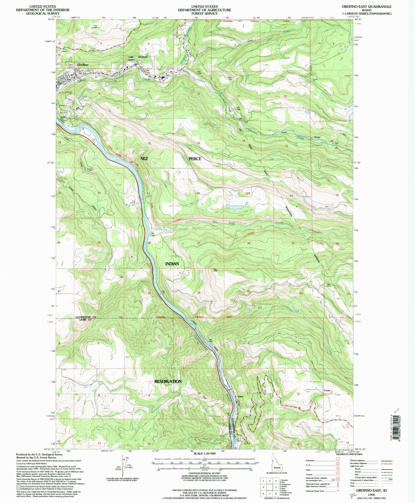 Classic USGS Orofino East Idaho 7.5'x7.5' Topo Map Image