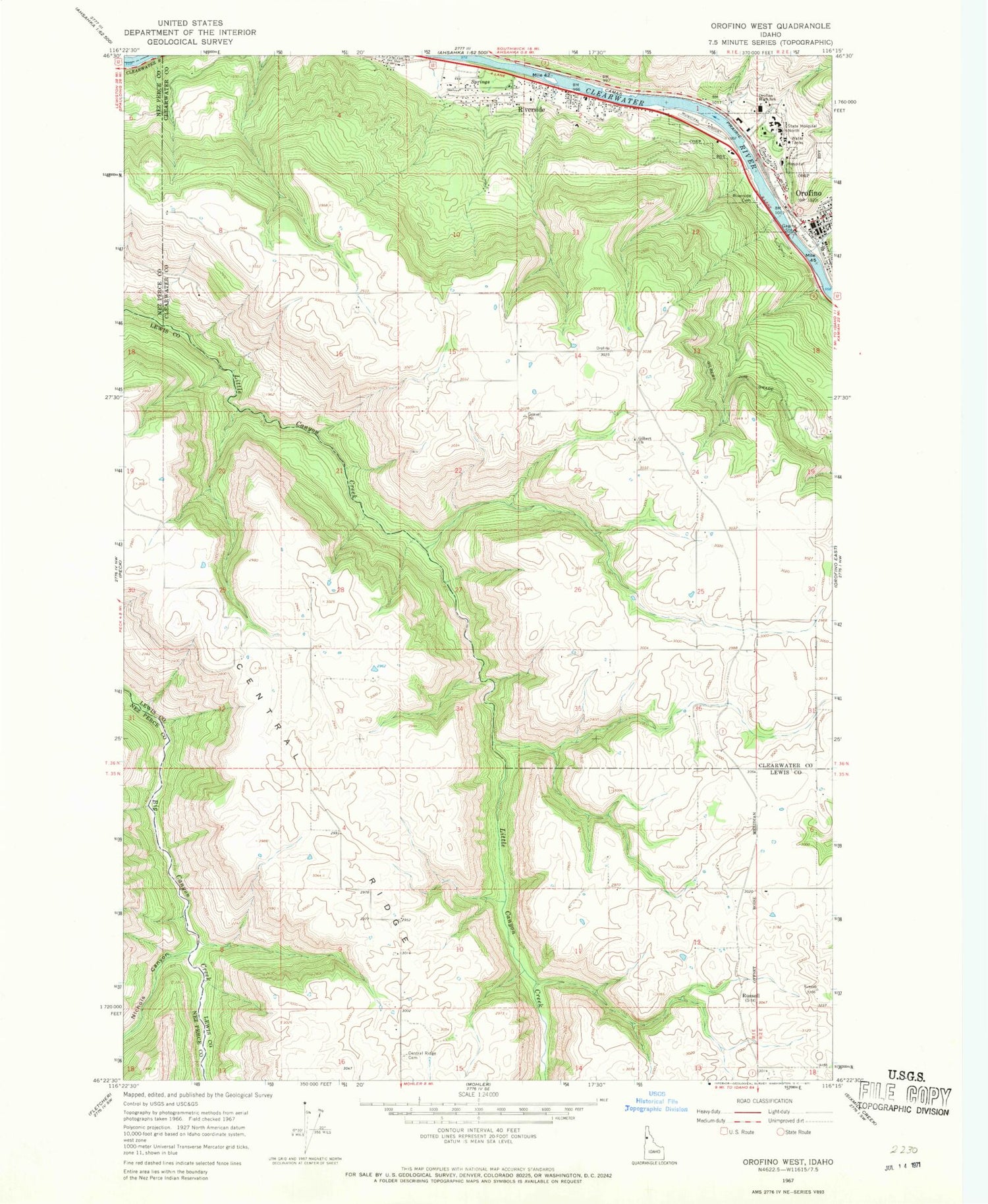 Classic USGS Orofino West Idaho 7.5'x7.5' Topo Map Image