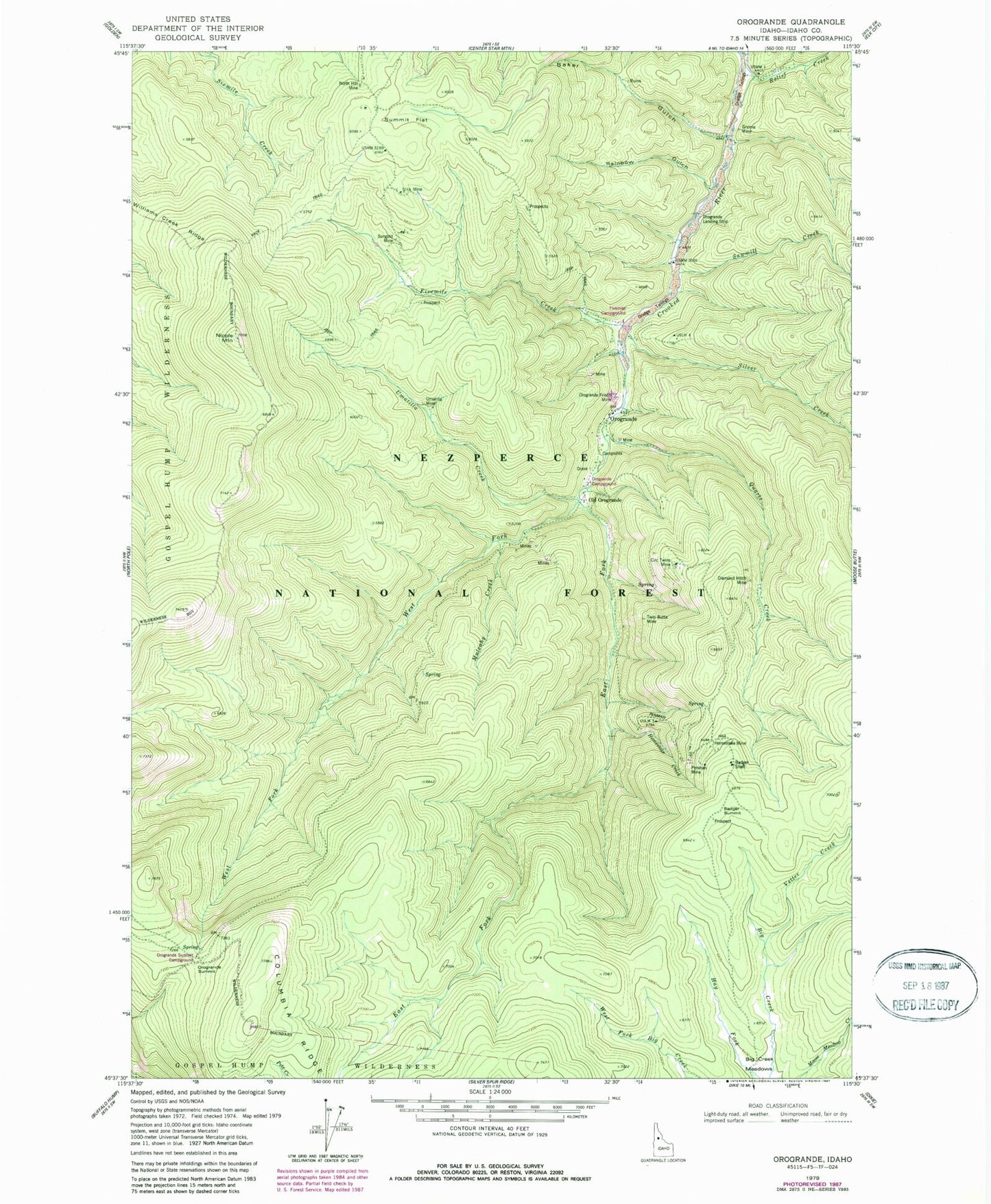 Classic USGS Orogrande Idaho 7.5'x7.5' Topo Map Image