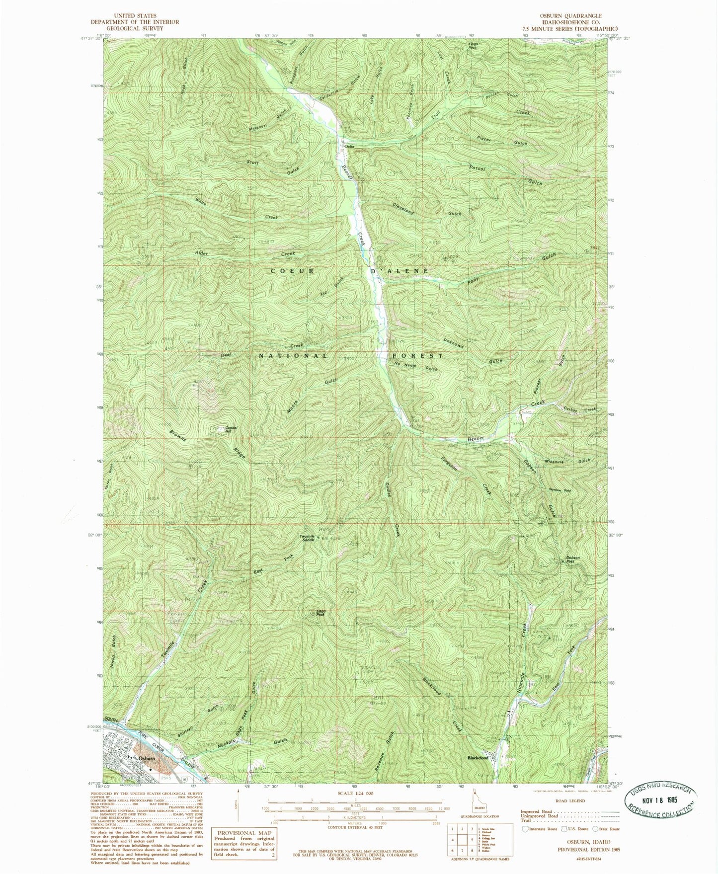 Classic USGS Osburn Idaho 7.5'x7.5' Topo Map Image