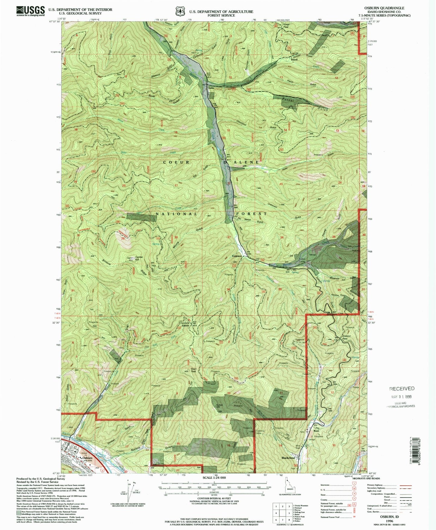 Classic USGS Osburn Idaho 7.5'x7.5' Topo Map Image