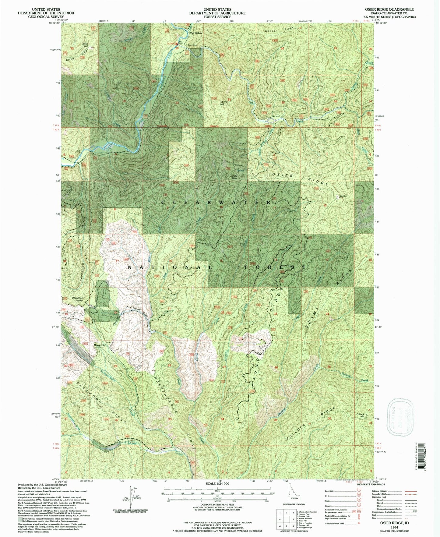 Classic USGS Osier Ridge Idaho 7.5'x7.5' Topo Map Image