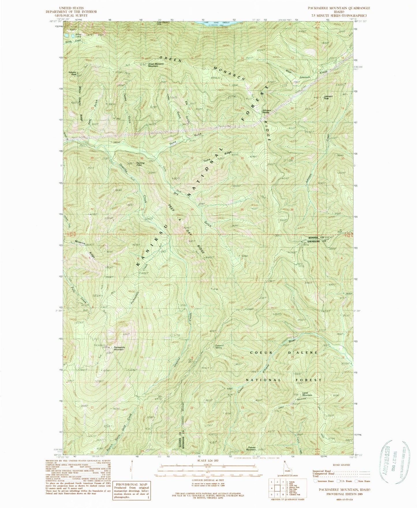 Classic USGS Packsaddle Mountain Idaho 7.5'x7.5' Topo Map Image