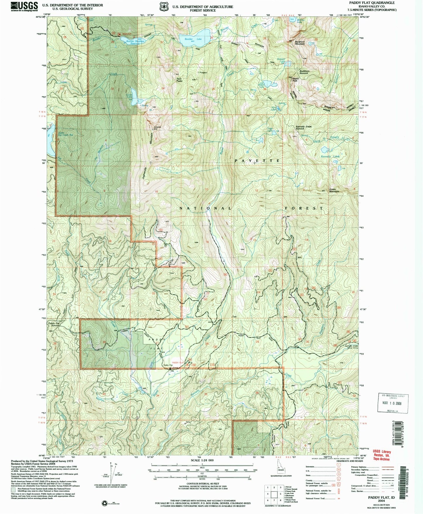 Classic USGS Paddy Flat Idaho 7.5'x7.5' Topo Map Image