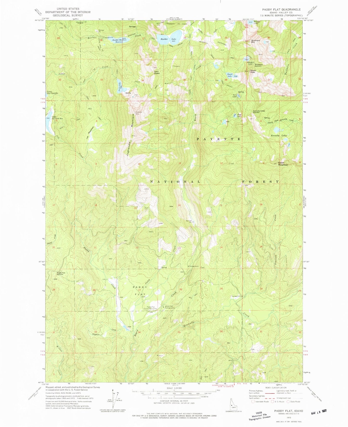 Classic USGS Paddy Flat Idaho 7.5'x7.5' Topo Map Image