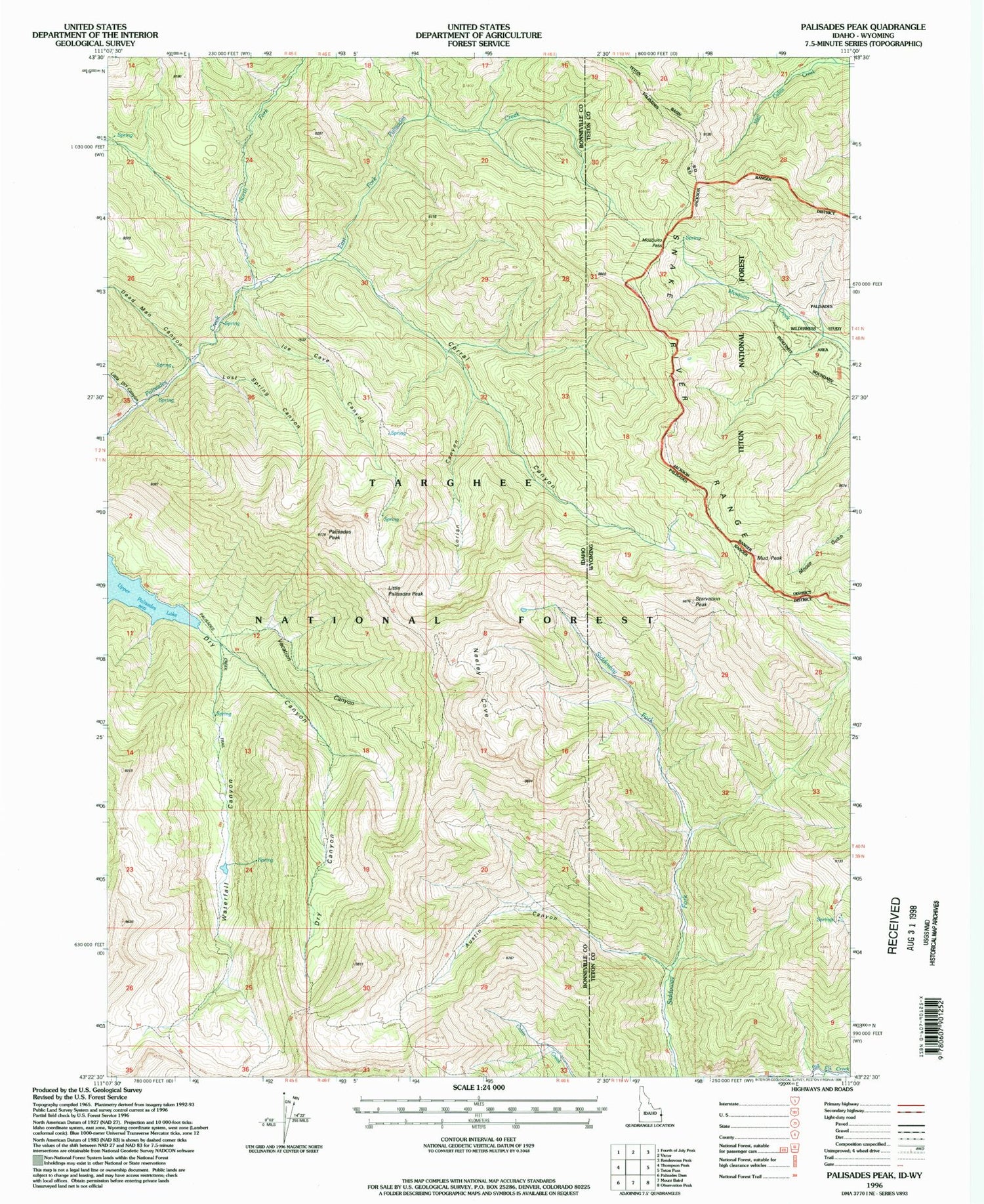Classic USGS Palisades Peak Idaho 7.5'x7.5' Topo Map Image
