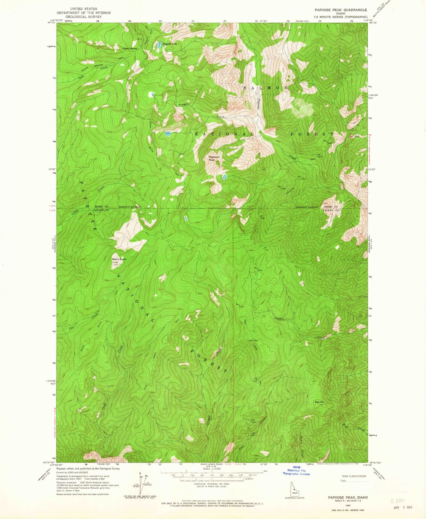 Classic USGS Papoose Peak Idaho 7.5'x7.5' Topo Map Image