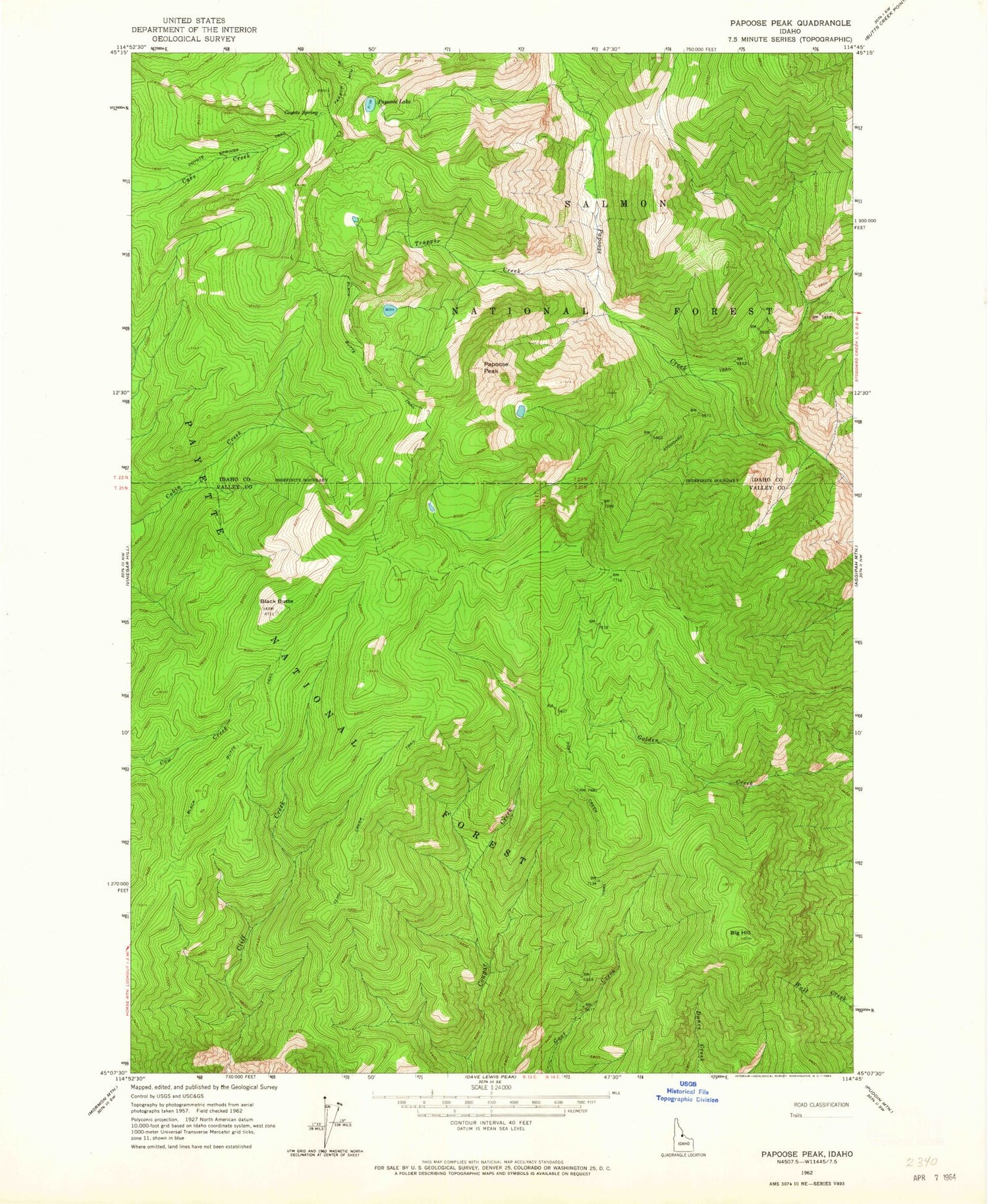 Classic USGS Papoose Peak Idaho 7.5'x7.5' Topo Map Image