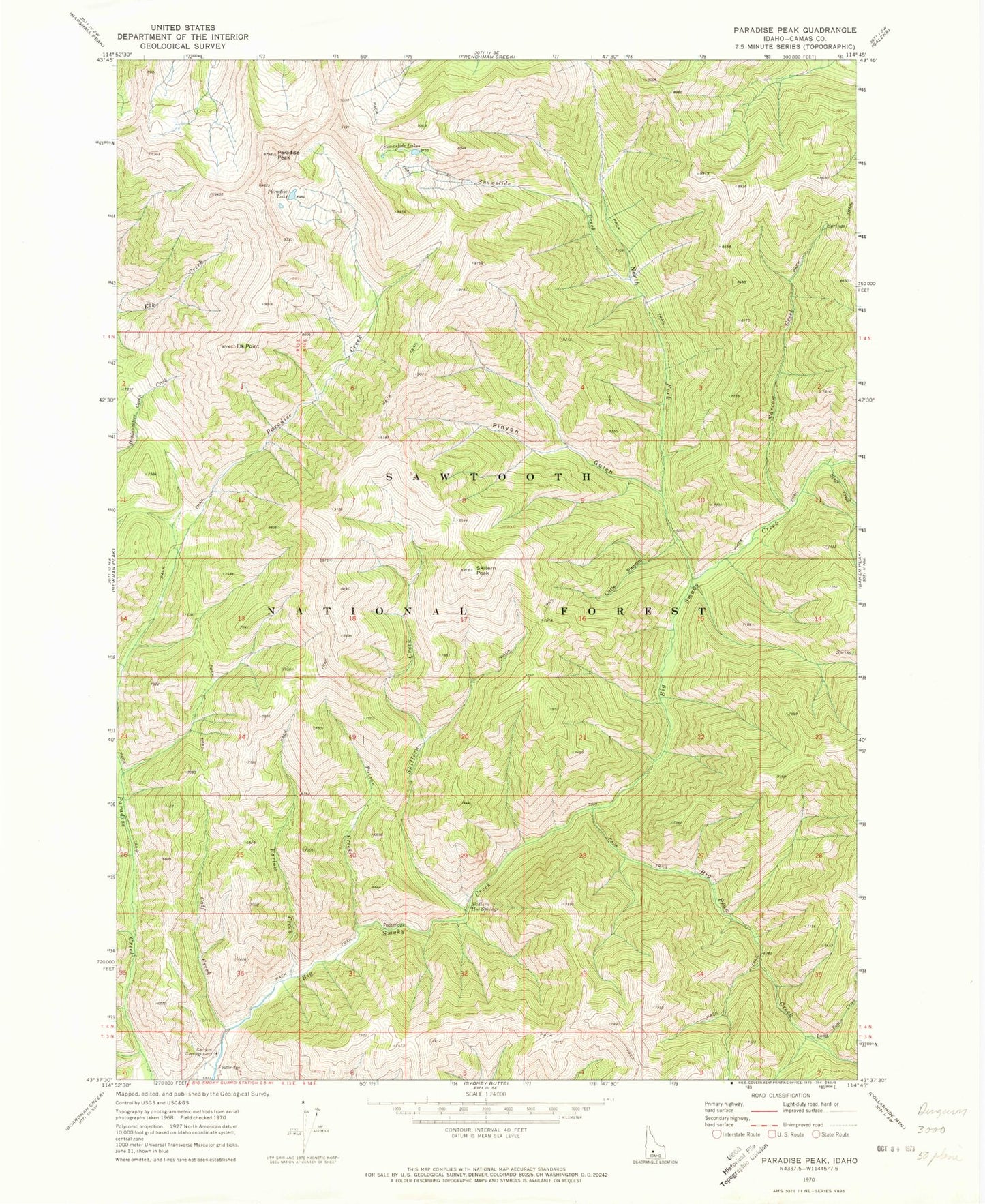 Classic USGS Paradise Peak Idaho 7.5'x7.5' Topo Map Image