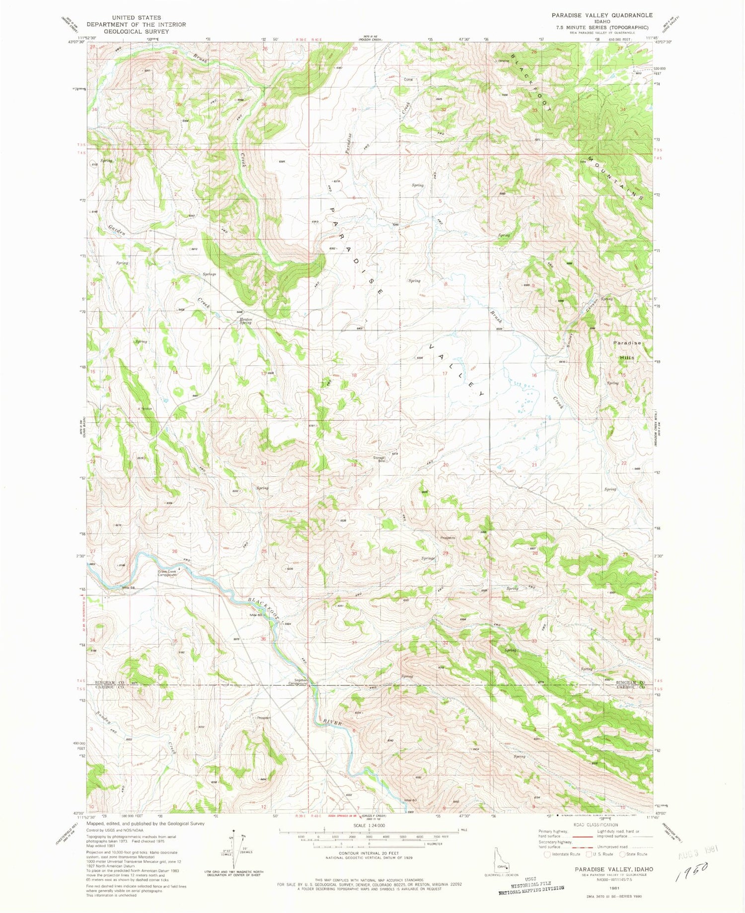 Classic USGS Paradise Valley Idaho 7.5'x7.5' Topo Map Image
