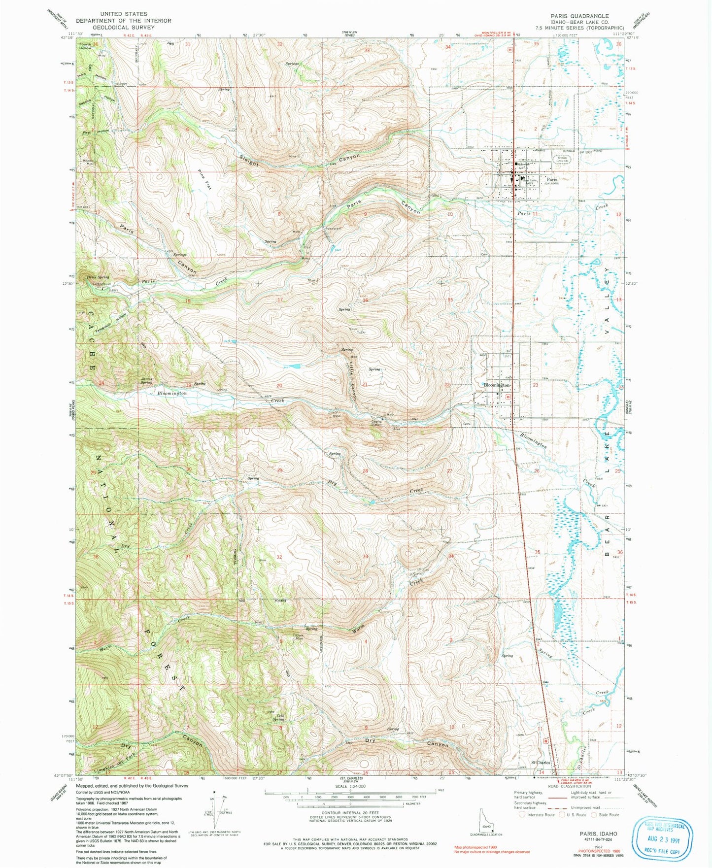 Classic USGS Paris Idaho 7.5'x7.5' Topo Map Image