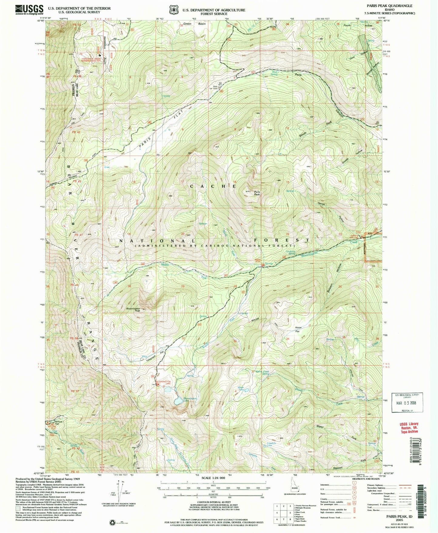 Classic USGS Paris Peak Idaho 7.5'x7.5' Topo Map Image